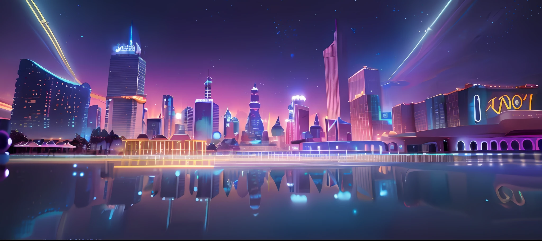 Cartoon game scene, Q version style, cute, bustling city, high-rise building, casino, slot, outdoor scene, starry sky, crazy zootopia style, animated movie scene, Disney, Pixar, concept art, surrealism, cinematic lighting, atmospheric perspective, UHD, high quality, masterpiece