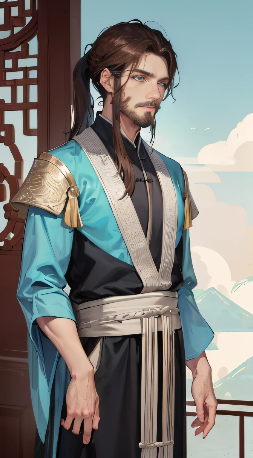 Masterpiece, Best quality, Daytime, 1 man, (Middle Age), (sbeard)Chinese style, Ancient China, Chinese palaces, ssmile, Turquoise brown hair, grey blue eyes, split ends, Long hair, Long bangs, pony tails, Handsome, Handsome, Masculine, Serious, gentle, Tall, Quiet, light blue attire, Unicorn pattern,
