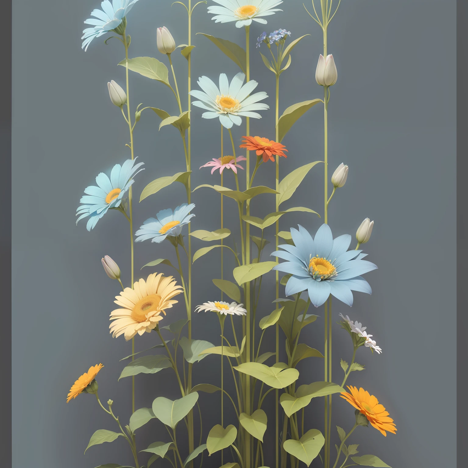 [(​masterpiece, Planar configuration, level, vertical, Equal spacing, Graphic Design)], [(a lot of small flowers, Composition with depth, Flowers bloom all over the screen, Floral motifs spaced across the screen, Vertical green stems are、From top to bottom of the screen、Sparse left-right spacing and depth spacing., lily flowers, gerbera)], [((Light blue-gray solid color background))],