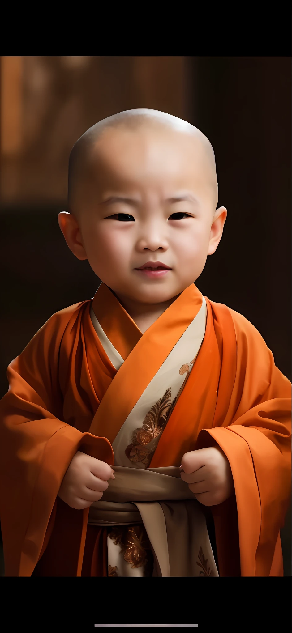 Close-up of a  in a robe holding a belt, monk clothes, buddhist monk, monk, Buddhist, 2 1 st century monk, portrait of monk, wearing brown robes, ancient japanese monk, monk meditation, wearing a long flowing robe, dressed in simple robes, orange robe, Taoist temples and monks, Buddhism, Serene expression, a serene smile, Cute , monk