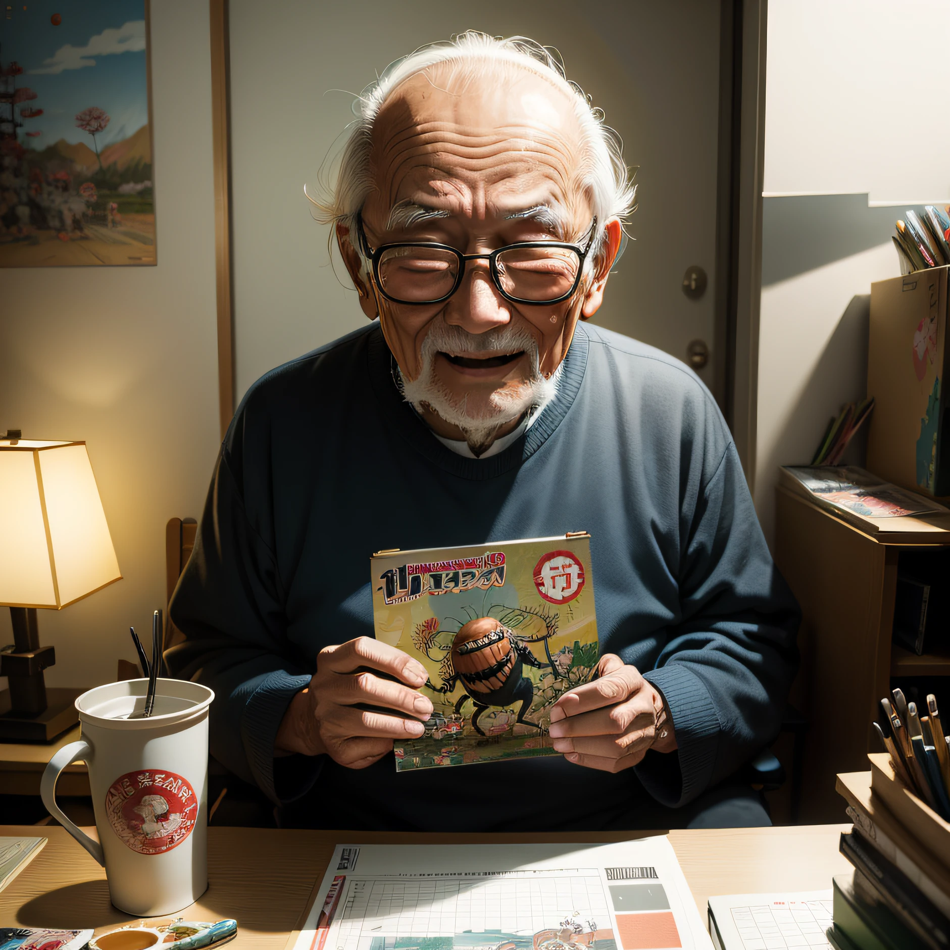 Japan cartoonist old man,Warm light office,Comic book creation,A painting of a fly monster,Happiness knows no bounds,Poster style