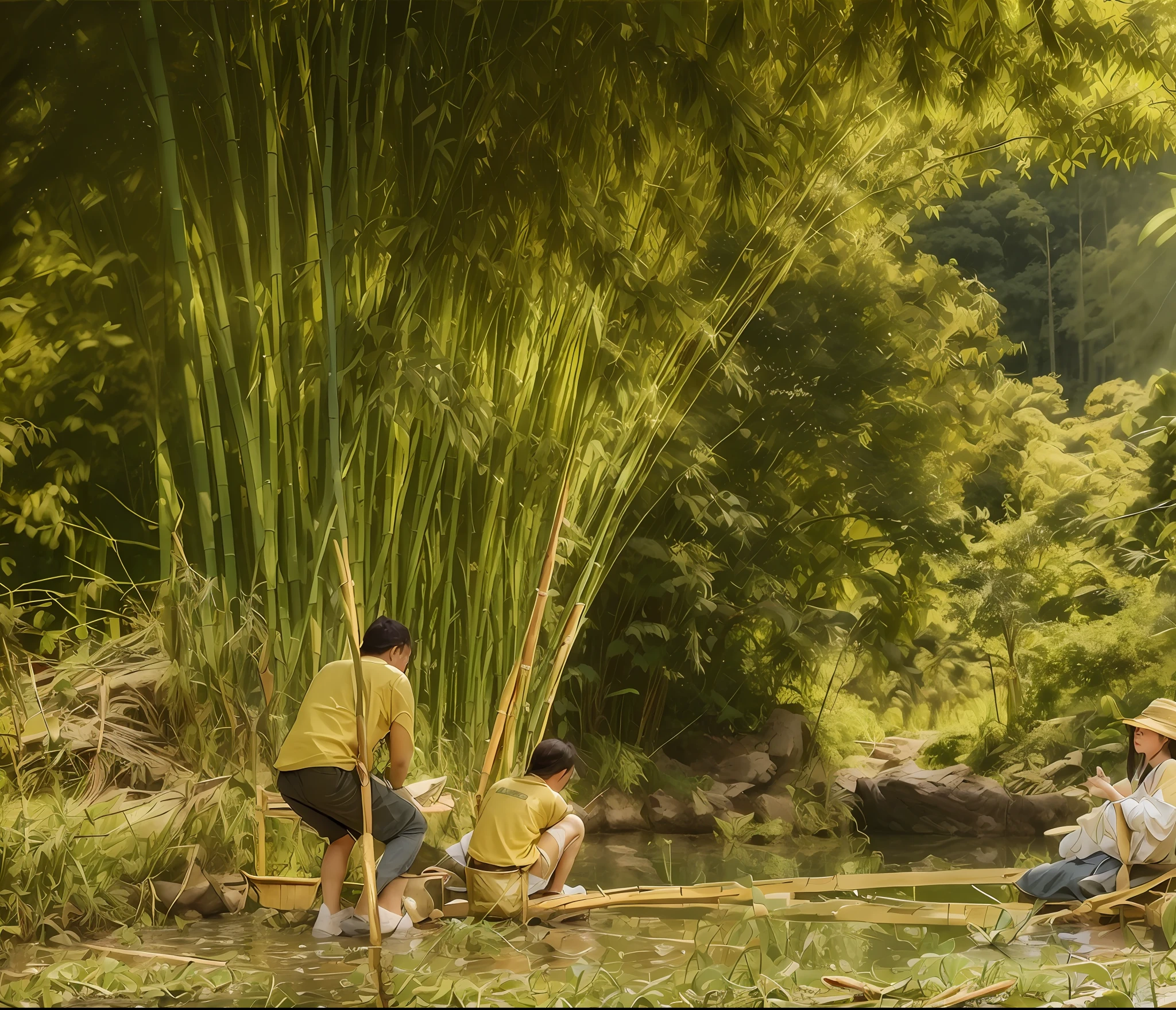 There were two people standing in the dirt, in bamboo forest, bamboos, Bamboo forest, Bamboo forest in the background, people angling at the edge, sitting in a small bamboo boat, Outdoor, competition winning, made of bamboo, Bamboo, beside a river, artist unknown, 😭 🤮 💕 🎀, Help me, bamboo huts, Beautiful scene