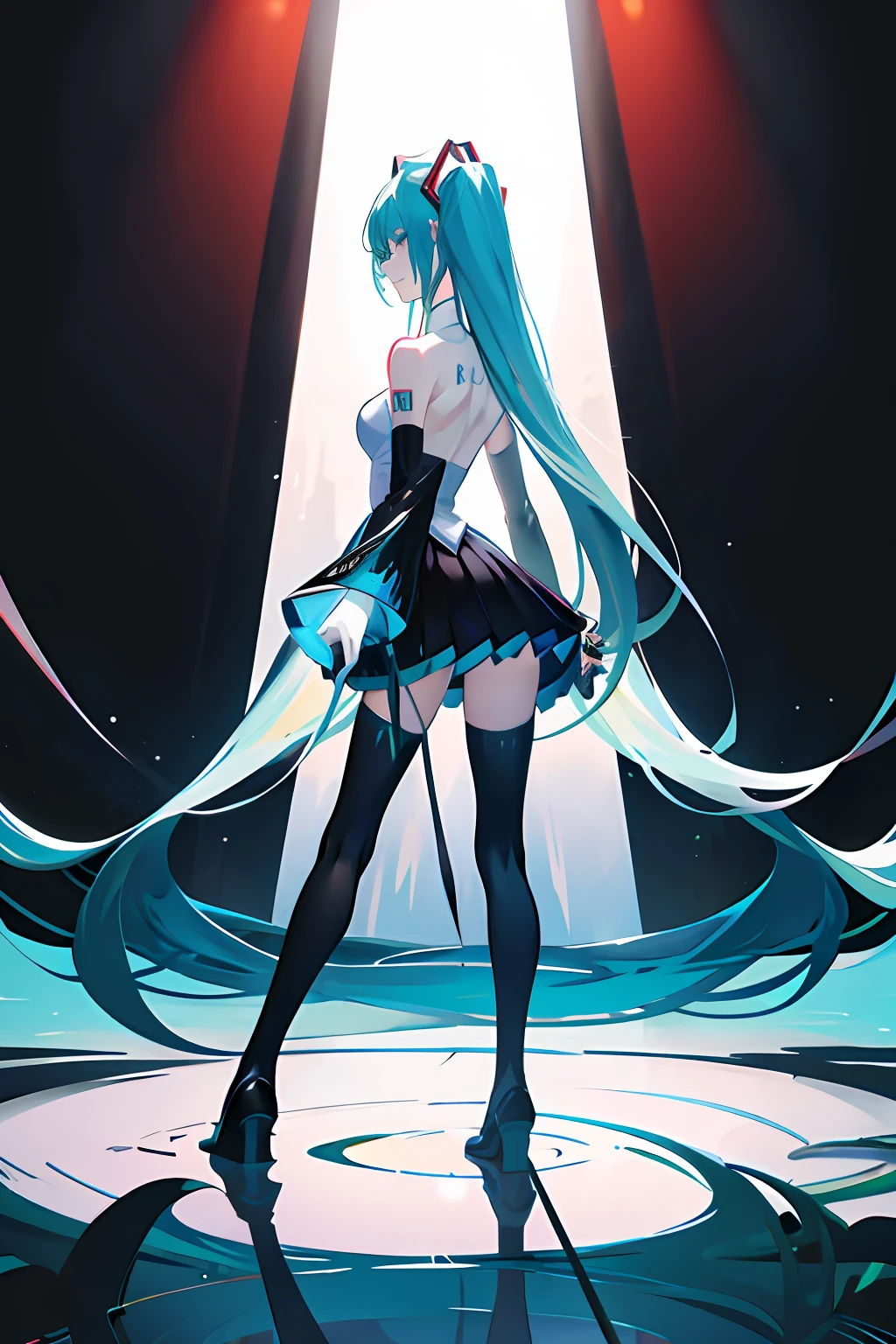 best qualtiy，tmasterpiece，Full body photo，slenderness，standing，Ultra-delicate，Station，back，slenderness，Big breasts Hatsune Miku，Flowing skirt，Black panty，Loose hair