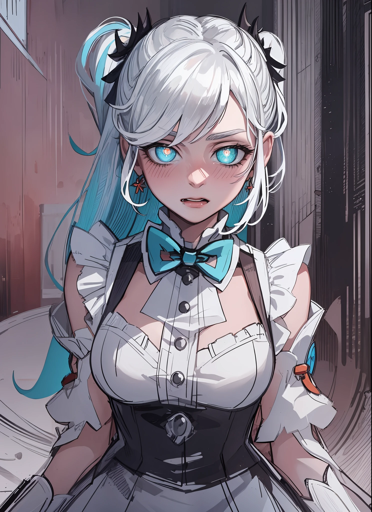 (masterpiece, best quality:1.2), (solo), (1girl), best quality, (photorealistic:1.4),ultra detailed, solo, (full body:1.5), standing, hof, white hair, aqua pupils, love in eyes, double ponytail, bow hairpins, blushing, shyness, drooling, rolling eyes, white bow tie, maid outfit, long sleeves, miniskirt, big breasts