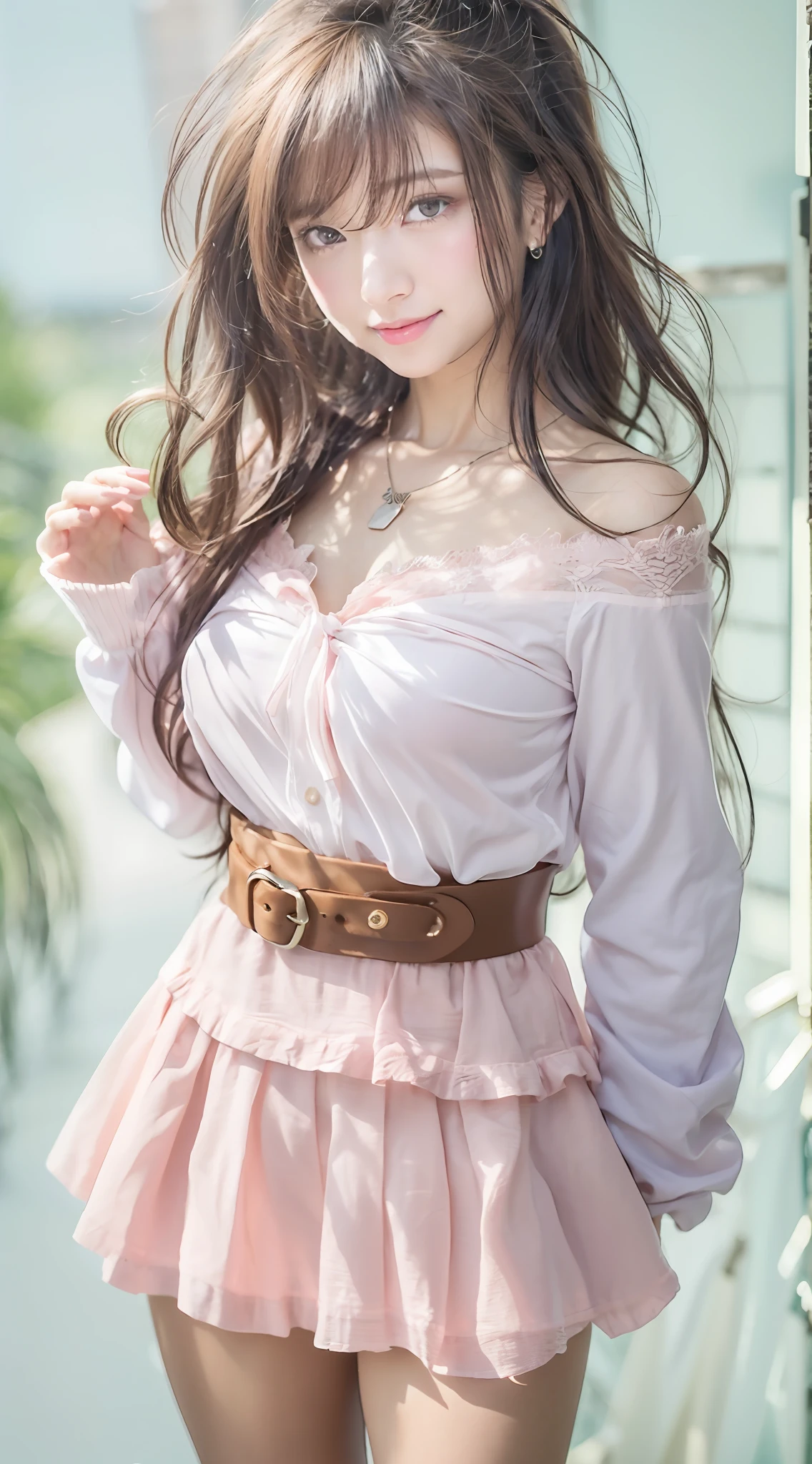 (8K、Raw photography、top-quality、masuter piece:1.2)、ultra-detailliert、ultra res、(realisitic、rialistic photo:1.37)、portlate、high-definition RAW color photography、Professional Photography、highly detailed and beautiful、ighly detailed、8K Picture Wallpaper、amazing detailed、huge filesize、Official art、Highly detailed CG Unity 8K wallpapers、highly detailed beautiful girl、extra detailed face、extremely detailed eye、highlydetailed skin、extremely detailed fingers、highly detailed nose、very detailed detailed mouth、Perfect Anatomy、细致背景、Detailed clothing、1人、(20:1.2)、in her 20s、Cute litRealistic body、小柄、de pele branca、glistning skin、Slim body、A dark-haired、(((Shaggy hair)))、(bluntbangs: 1.2)、Blunt bangs: 1.2)、kawaii、kawaii faces、Realistic face、Delicate eyes、Sauce order、(((USJ)))、((Million))、((FULL BODYSHOT))、((Stylish pink long sleeve shirt))、((Ultra white mini skirt))、(((no-bra)))、((Pull shot))、耳Nipple Ring、a necklace、((Frontal shot))、((Play with open arms))、(((Hair that flutters in the wind)))、Looking at the camera、cowboy shot、Contrapo、动态照明、C cup milk、A smile、Opening Mouth、Beautiful legs、cleavage of the breast、 jewely、