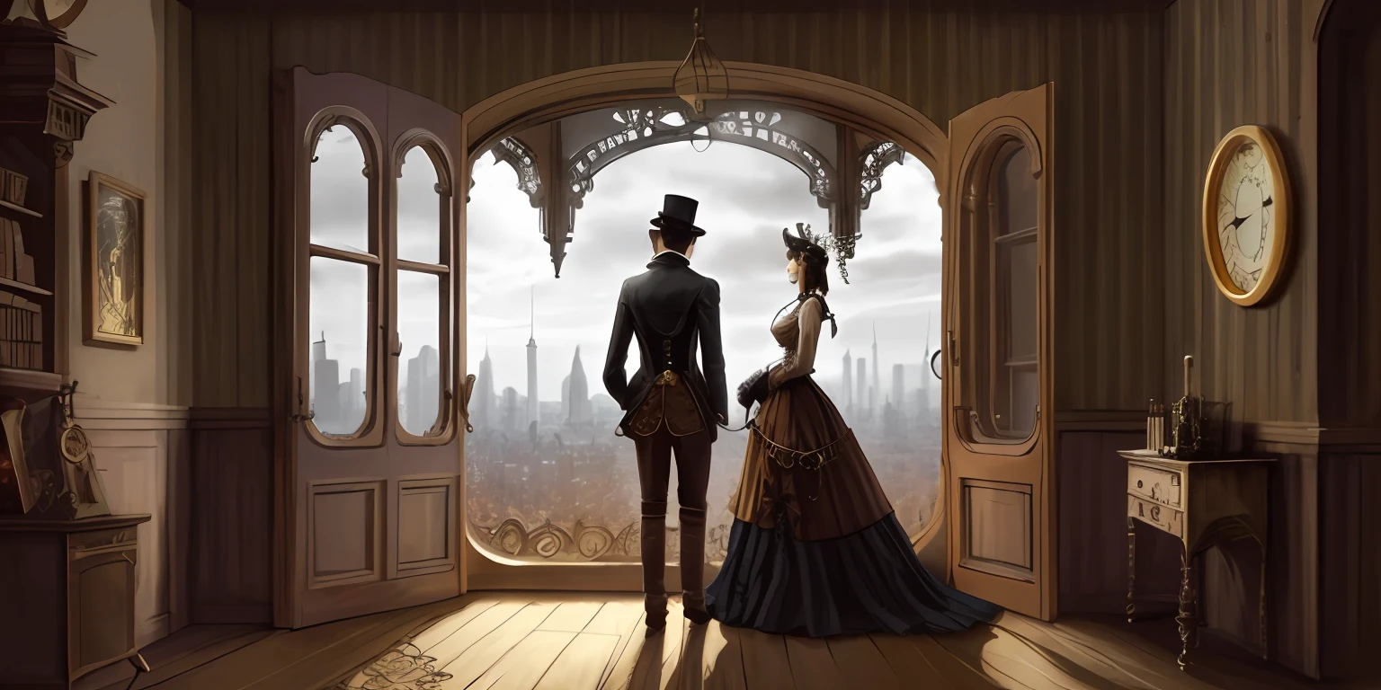Hay un hombre y una mujer vestidos con ropa victoriana parados en una puerta., Ciencia victoriana inspirada - fi, detailed steampunk illustration, Steampunk illustration, Arte digital Steampunk, ambos vistiendo ropa victoriana, indsutrial steampunk, Victorian Steampunk City Vista, Steampunk thematic images, Mega ciudad victoriana steampunk, Era Steampunk, fantasy victorian art, Ambientado en un mundo steampunk, steampunk fantasy style