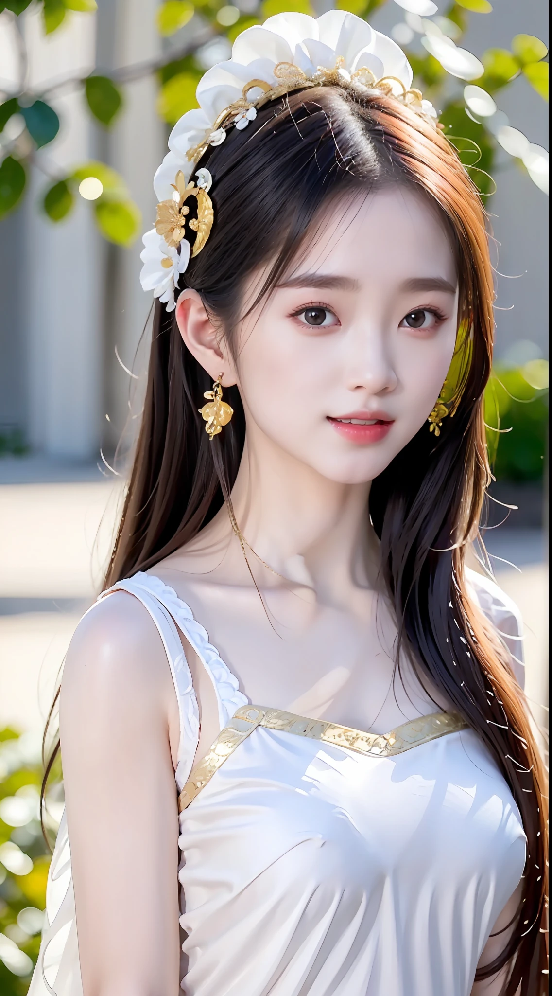 closeup on face, Face shot, (White dress :1.7), short miko skirt, Long streamers, blonde hairs, golden hair, (Pointed ears: 1.5), (Gold pattern quality:1.3), female pubic hair, with long blond hair, Off-the-Shoulders, Top detail CG quality 4K wallpaper, Master, A Masterpiece, portraits, The middle, Watch the footage, Beautiful Chinese-Korean mixed race idol, ((Super fine face, detailed description of facial features)), Lip biting makeup, Sweet smile, Perfect facial features, Model figure, Good complexion, the trees, branches, Golden meadow, stream, Golden leaves, Evening, Twilight, The setting sun, Twilight, autumn, twin braids, hair strand, diagonal bangs, hair ribbon, hair ornament, forehead jewel, jeweled branch of hourai, crescent hair ornament, fish hair ornament, hime cut, low ponytail, realism, god rays, sparkle, cinematic lighting, lens flare, UHD, high details, high quality, highres, best quality, 8k, 16k, high details, high quality, super detail, anatomically correct, masterpiece, ccurate