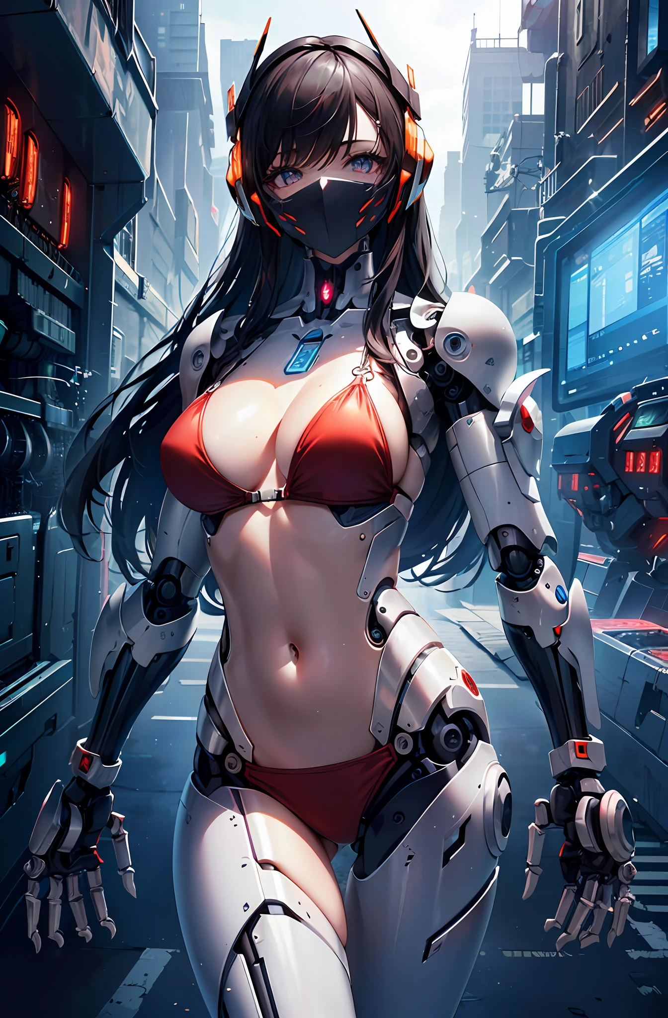 Top quality, super detailed, Super detailed details, fine detail, incredibly beautiful, robot, beautifully detailed eyes, (feminine machine body), (machine joints, machine limbs:1.3), mechanical skin, (Machine internal structure exposure:1.2), (red long hair), (mechanical bikini armor), cowboy_shot, side focus, shiny, (cyber tech punk mask:1.1), cyber punk city,