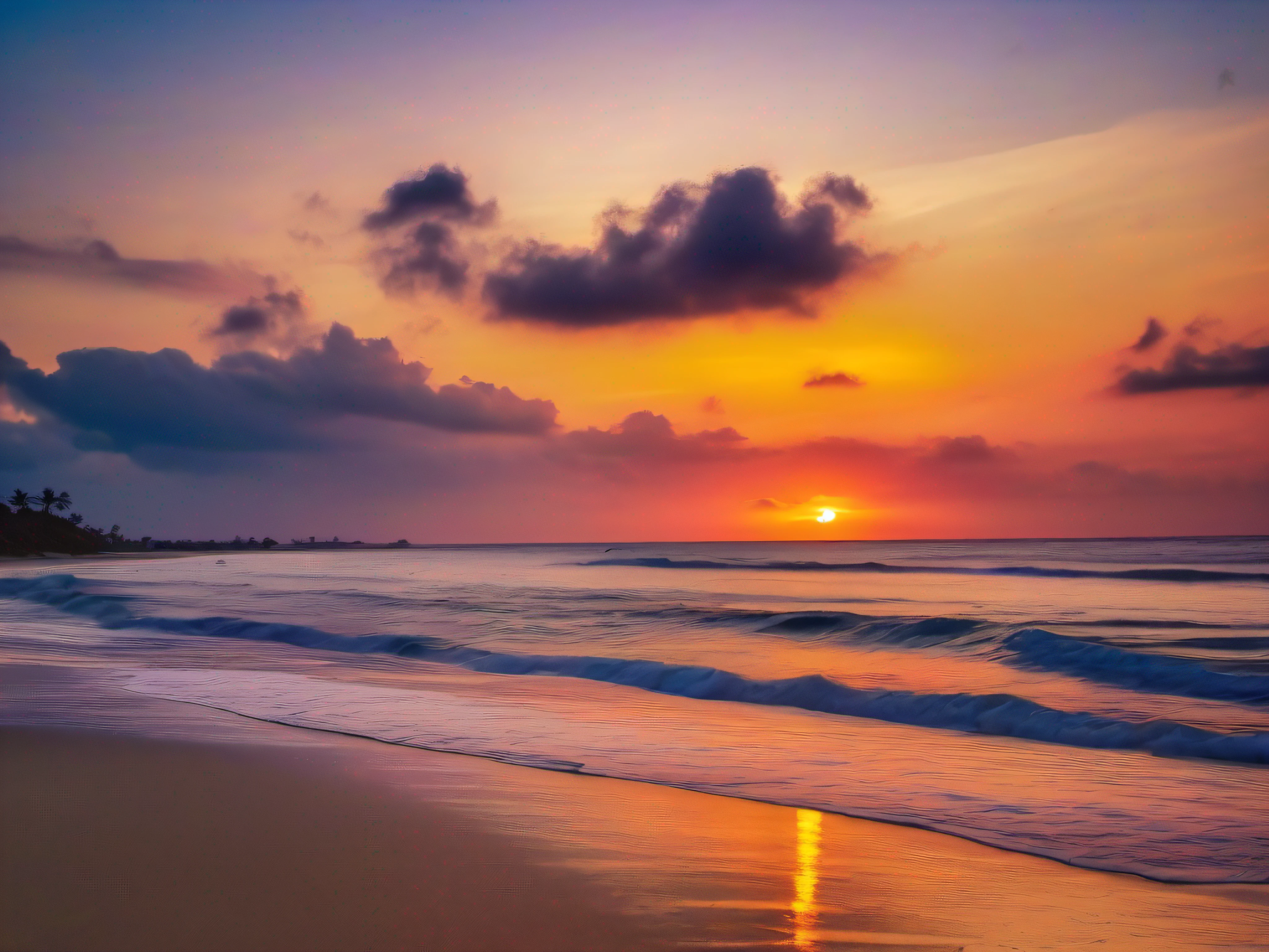 An absolutely fascinating sunset on the beach, with a mixture of oranges, pinks and yellows filling the sky. The crystal clear waters of the sea gently embrace the shore, with a white sandy beach stretching out in the distance. The scene is dynamic and breathtaking, with seagulls hovering high in the sky and palm trees swaying gently. Soak up the soothing atmosphere and let the tranquility invade you.