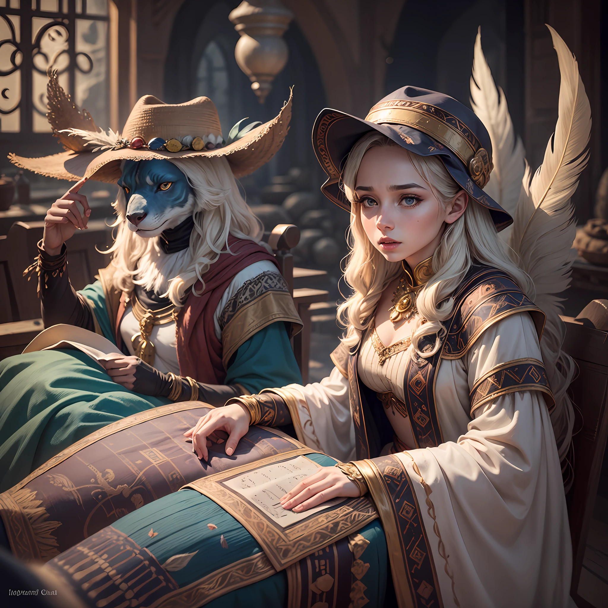 Arabian fairy tale from the 1400s, The Storyteller and three funny fairytale beasts from the wild, all dressed in old worn out clothes, wide-brimmed hats with feathers, full-length close-up portrait in the style of Disney Pixar, super-realistic, cinematic, many details, dark blurry fantasy background --auto --s2