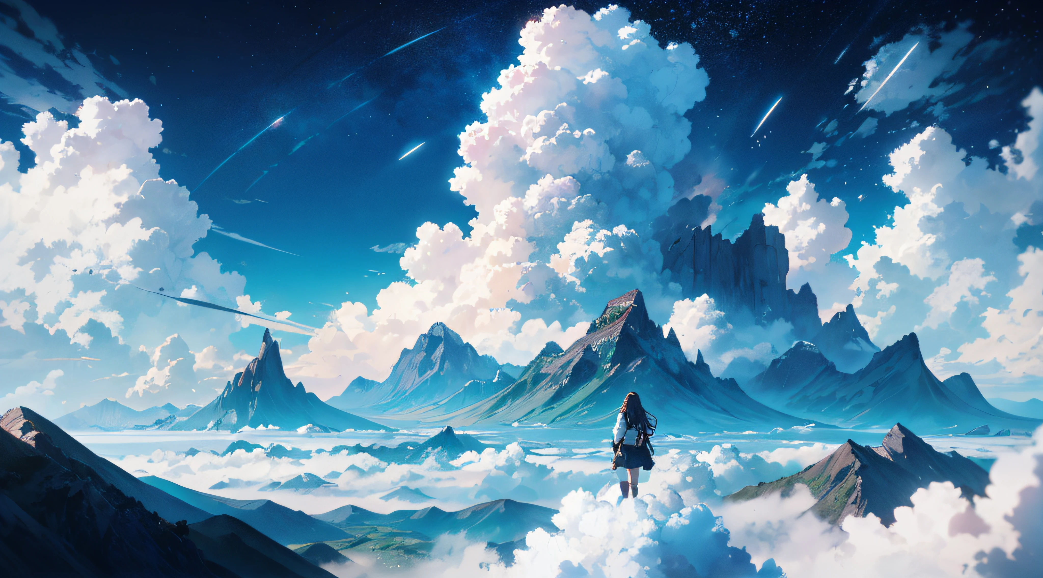 blue-sky, Skysky, Above the clouds, The landscape, A high resolution, (tmasterpiece: 1.4), ultra-detailliert, girls in the distance, the space, afloat, ,(best qualtiy),8K, ((tmasterpiece)) --v 6