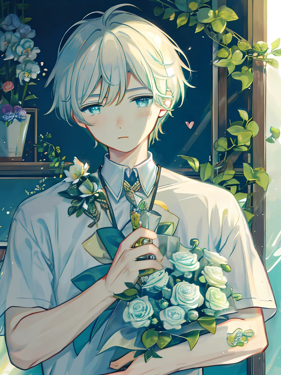 A sunshine boy， Holding a bouquet of bellflower stems， Keep one's mouth shut， heart-broken， dated， florals， Rose blanche， Stream down， Chest focus， aqua eyes