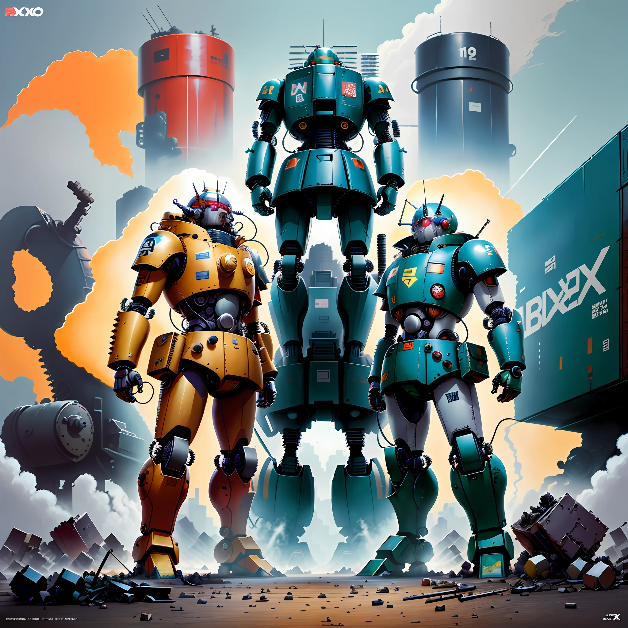 a painting of a robot and a robot standing next to each other, gundam box art, noriyoshi ohrai masterpiece, bandai box art. realistic, mecha art, gouf, movie poster 1993 anime, bandai box art, japanese vhs cover art, by Noriyoshi Ohrai, giant anime mecha, by Otomo Katsuhiro