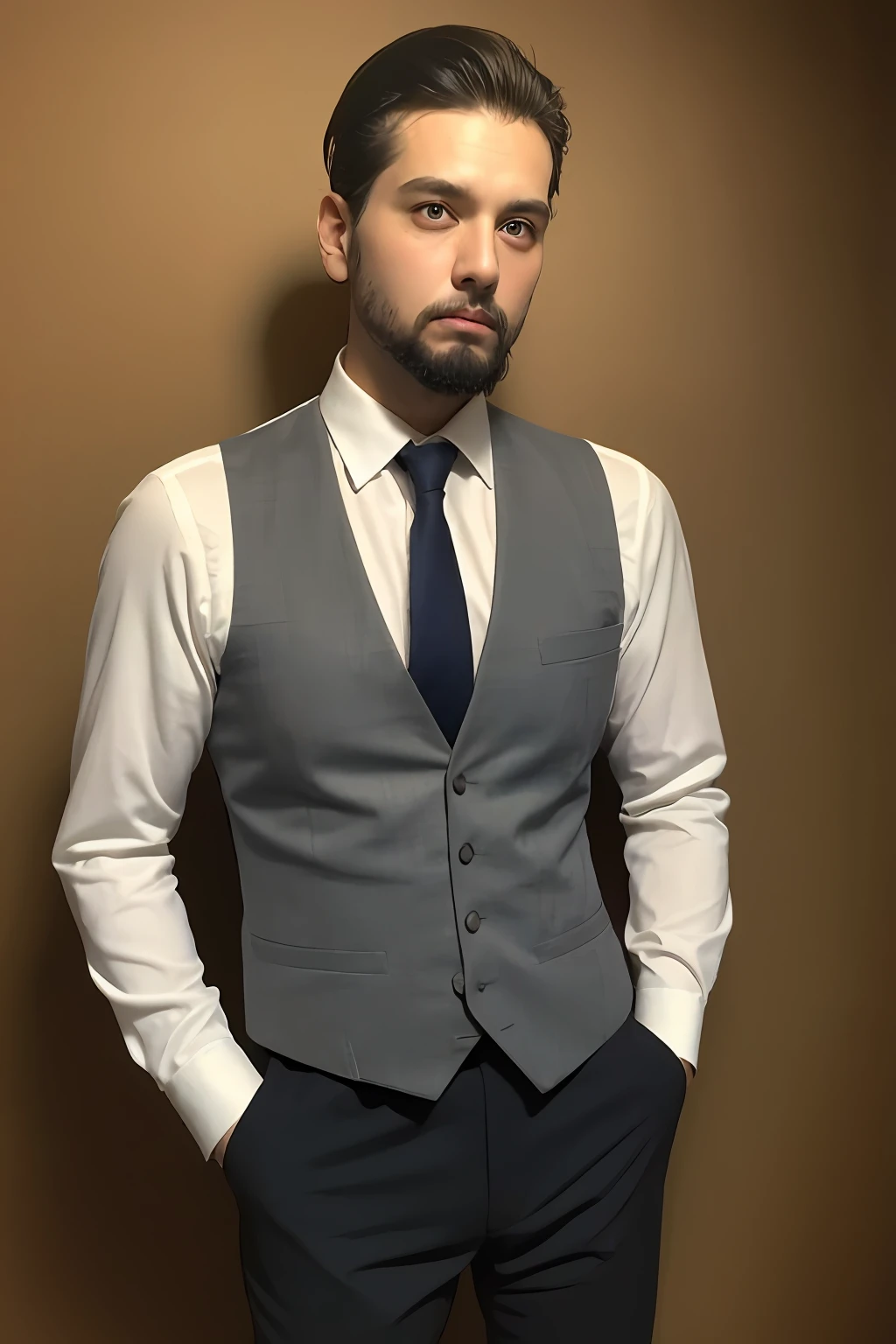 ，suit vest， 18k, {{Masterpiece}}, Best quality, High quality:1.4), simplebackground，brown background，，{{[[front look}}, Photo pose)]], very pretty look face, And very nice red eyes, 1人, Solo, Portrait of Habibnul Magomedov in a suit and tie, Beard, Serious, Details, Realistic, Photography, The background is blurred out, soft focus