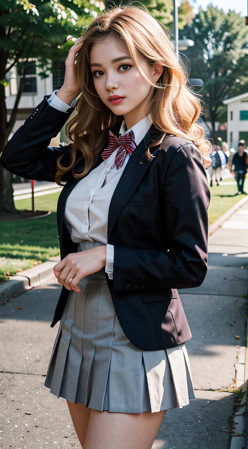 (8k, RAW Photography, top-quality, masterpiece:1.2), 1girl, 3d, voluptuous body, beautiful face, photogenic , 3D, Blazer uniform, long blonde hair in curls, hands raised, school ground, s lips, High school student, schoolyard, school uniform, real, shinny skin、Beautiful delicate face、Beautiful delicate eyes、a miniskirt 、Multiple people