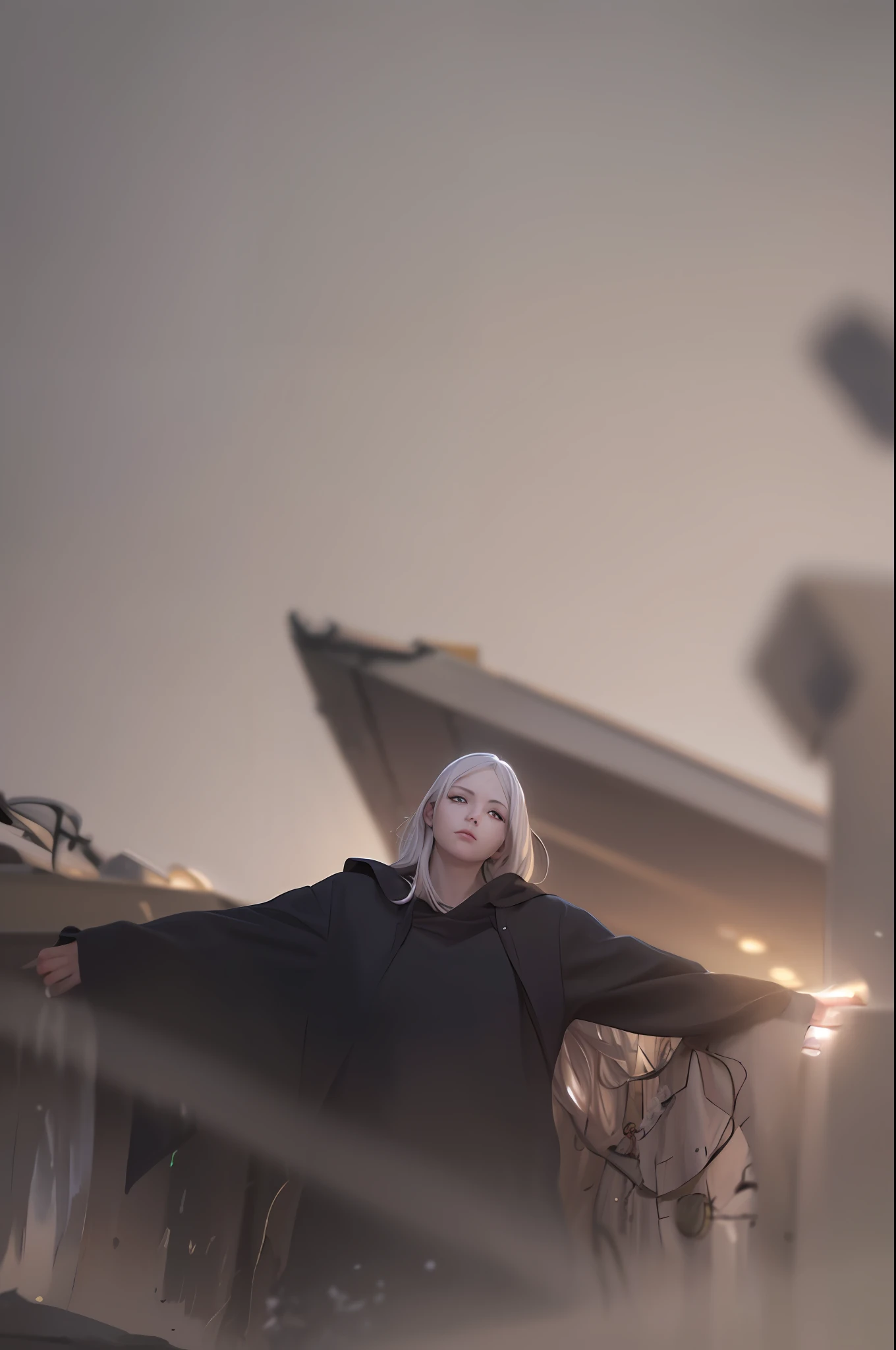 best quality, masterpiece,white hair, gold eyes,white clothes, looking up, upper body,hair strand,Fair skin,side braids