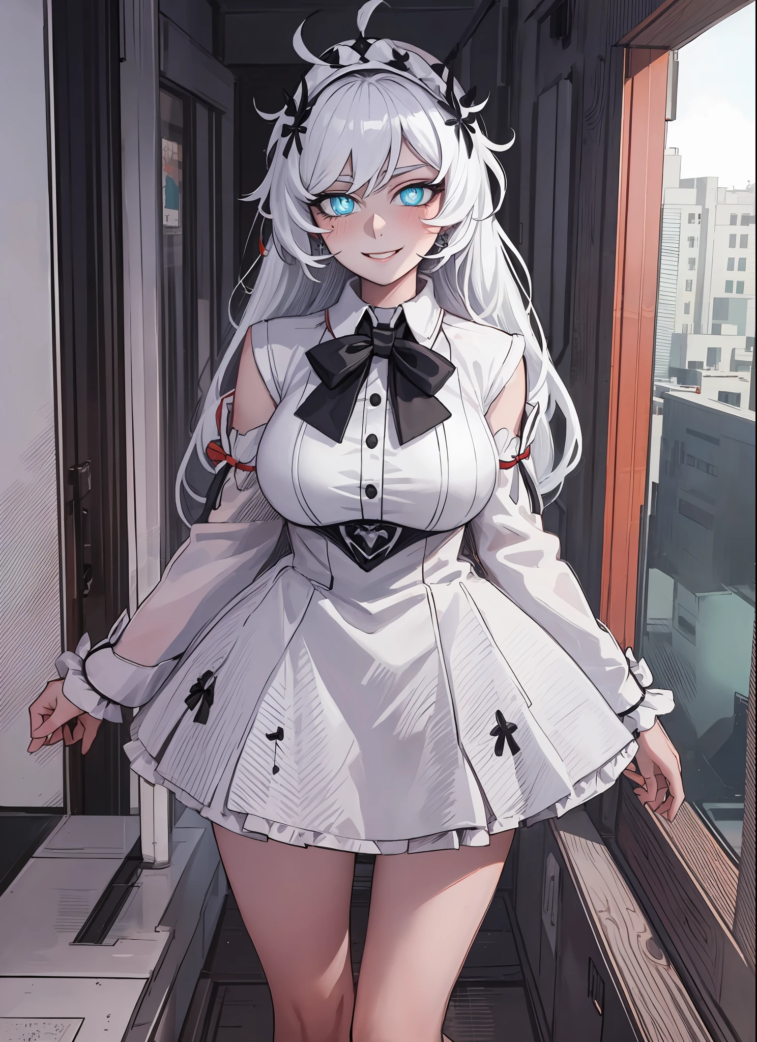 (masterpiece, best quality:1.2), (solo), (1girl), best quality, (photorealistic:1.4),ultra detailed, solo, (full body:1.5), standing, hof, white hair, aqua pupils, love in eyes, blushing, smug, smile, drooling, rolling eyes, white bow tie, maid outfit, long sleeves, miniskirt, big breasts