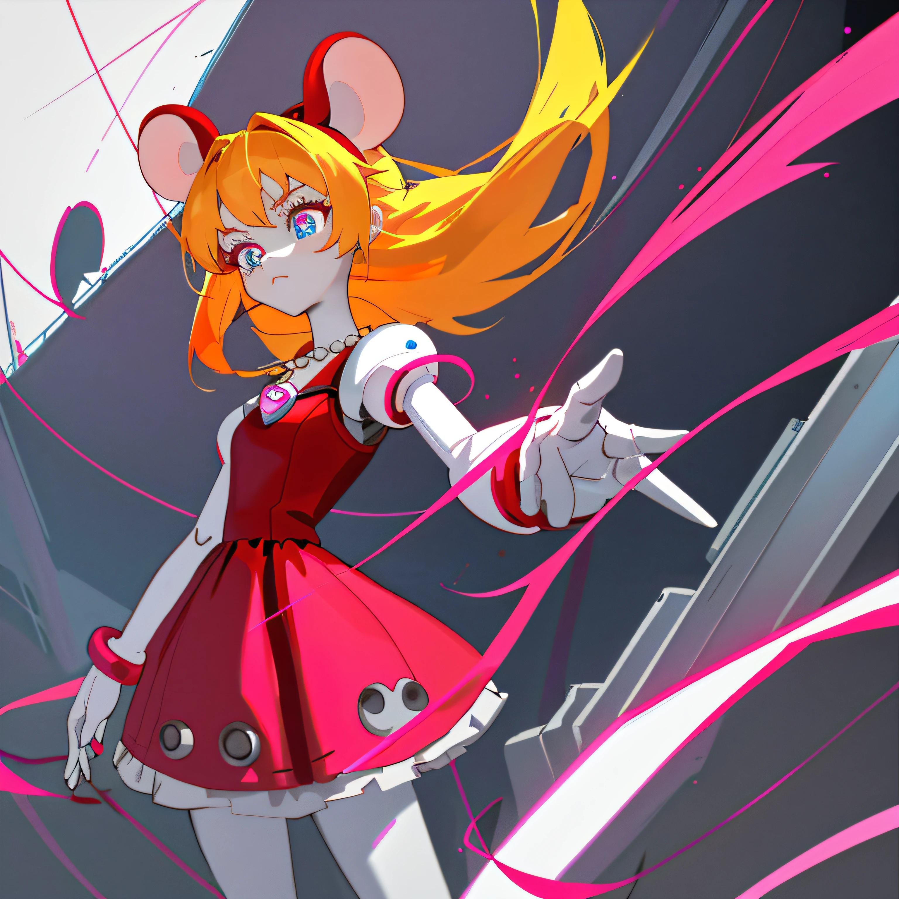 Cartoon robot girl in red dress and pink bow, Amy rose dress, beautiful mouse - girl, cartoonish style, hacking, loli in dress, female furry mini cute style, Cartoon Cute, The hand emits an electric current,Has an energy unit,Robot girl with long pale yellow hair and blue pupils,blue color eyes,Hung with a pearl necklace,pixal style,Melancholy silence。