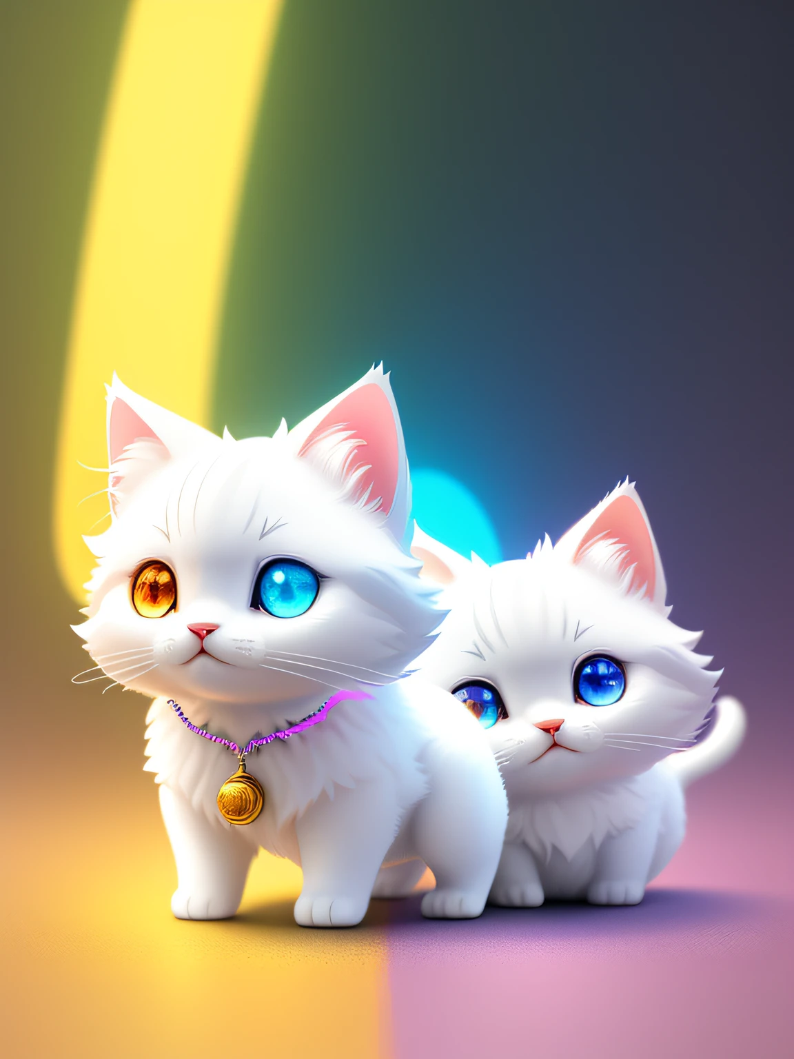 Cute hyper-realistic little white cat with different colors of eyes, wearing a necklace, chibi, cute and fluffy, logo design, cartoon, movie lighting effects, charming, 3D vector art, cute quirky, fantasy art, background blurring, hand drawing, digital painting, soft lighting, isometric style, 4K resolution, realistic rendering, highly detailed clean, vector images, realistic masterpieces, professional photography, simple space background, flat white background, isometric, vibrant vector