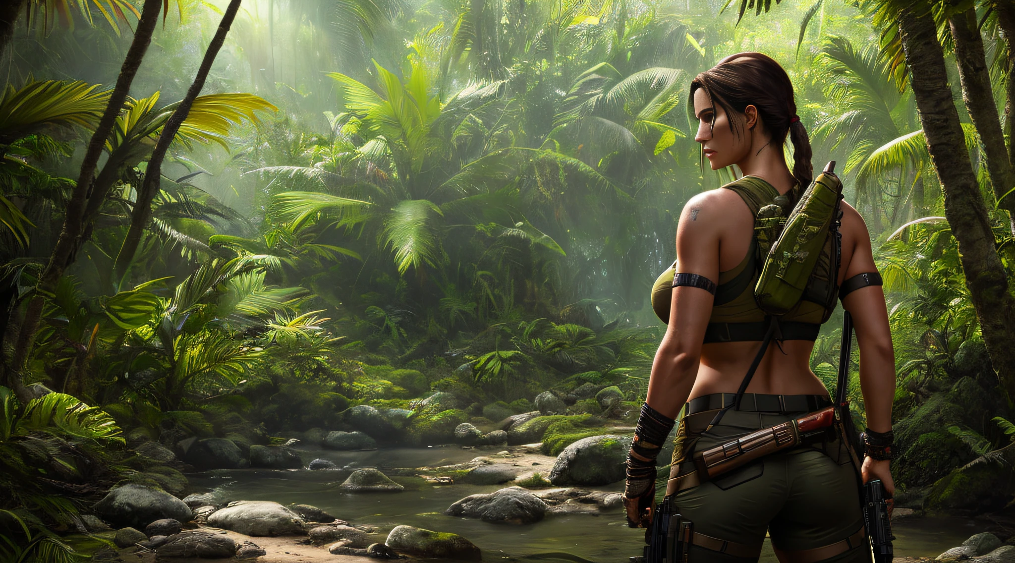 A vibrant cinematic photo of Lara Croft in the jungle, octane render, high quality, sun reflection, realistic.