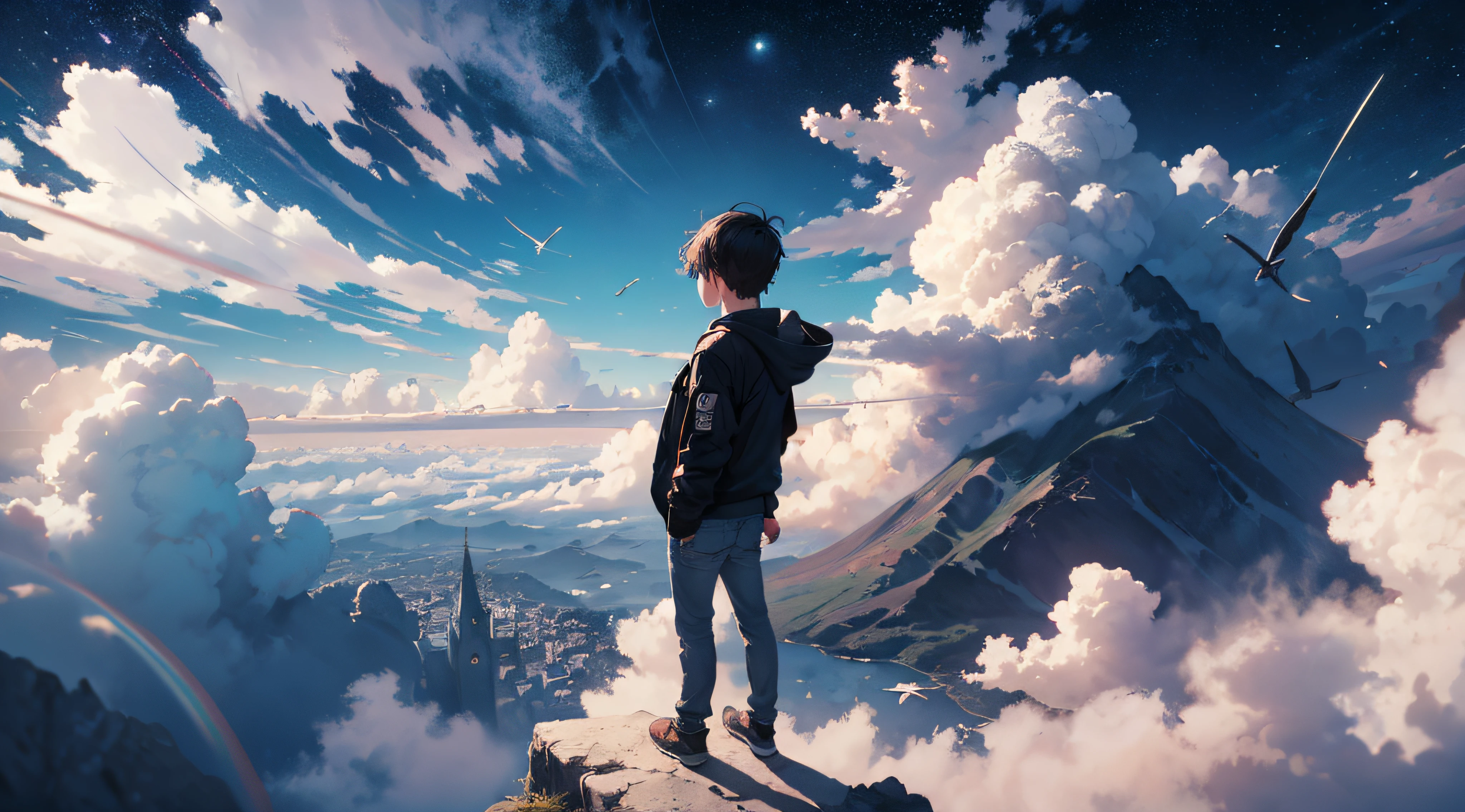 Ridiculous resolution, A high resolution, (masterpiece:1.4), ultra - detailed, 1boy, looking from above, the space, afloat, ,depth of fields,maximum definition and sharpness,perfectly proportions,Fluttering clouds,Wallpapers,8k,dream magical, --v 6