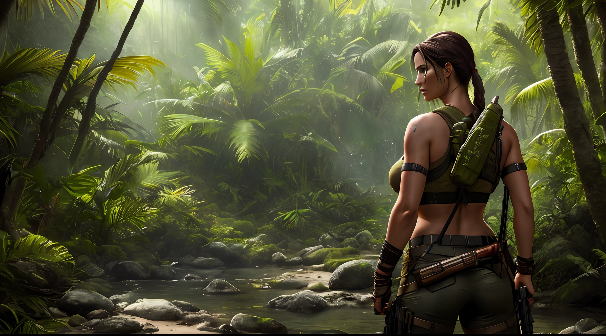 A vibrant cinematic photo of Lara Croft in the jungle, octane render, high quality, sun reflection, realistic.