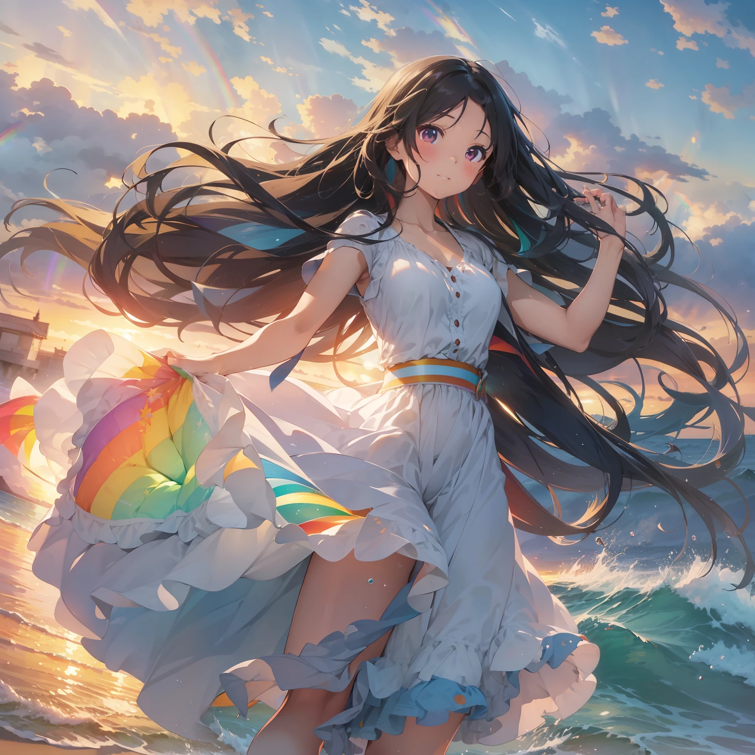 Beautiful sunset sea, calm waves, shining waves, ((big rainbow)), colorful, a girl standing on the beach, beautiful features, shining eyes, long black hair, swaying in the wind, dancing like dancing, ((masterpiece)), ((highest quality 16k)), ((detailed and delicate)), ((photorealistic)), ((fantastic background)),