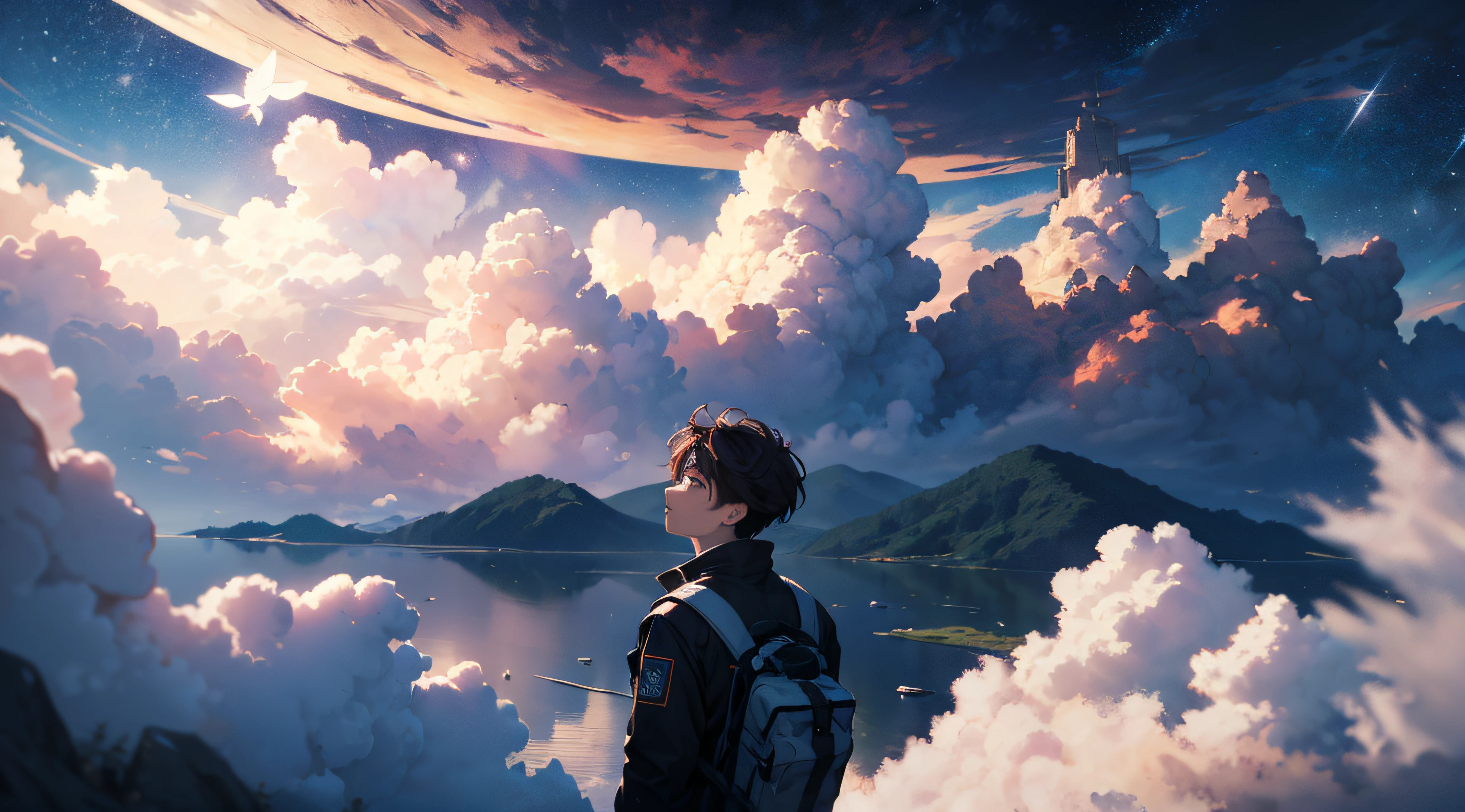 Ridiculous resolution, A high resolution, (masterpiece:1.4), ultra - detailed, 1boy, looking from above, the space, afloat， ，depth of fields，maximum definition and sharpness，perfectly proportions，Fluttering clouds，Wallpapers，8k，dream magical， --v 6