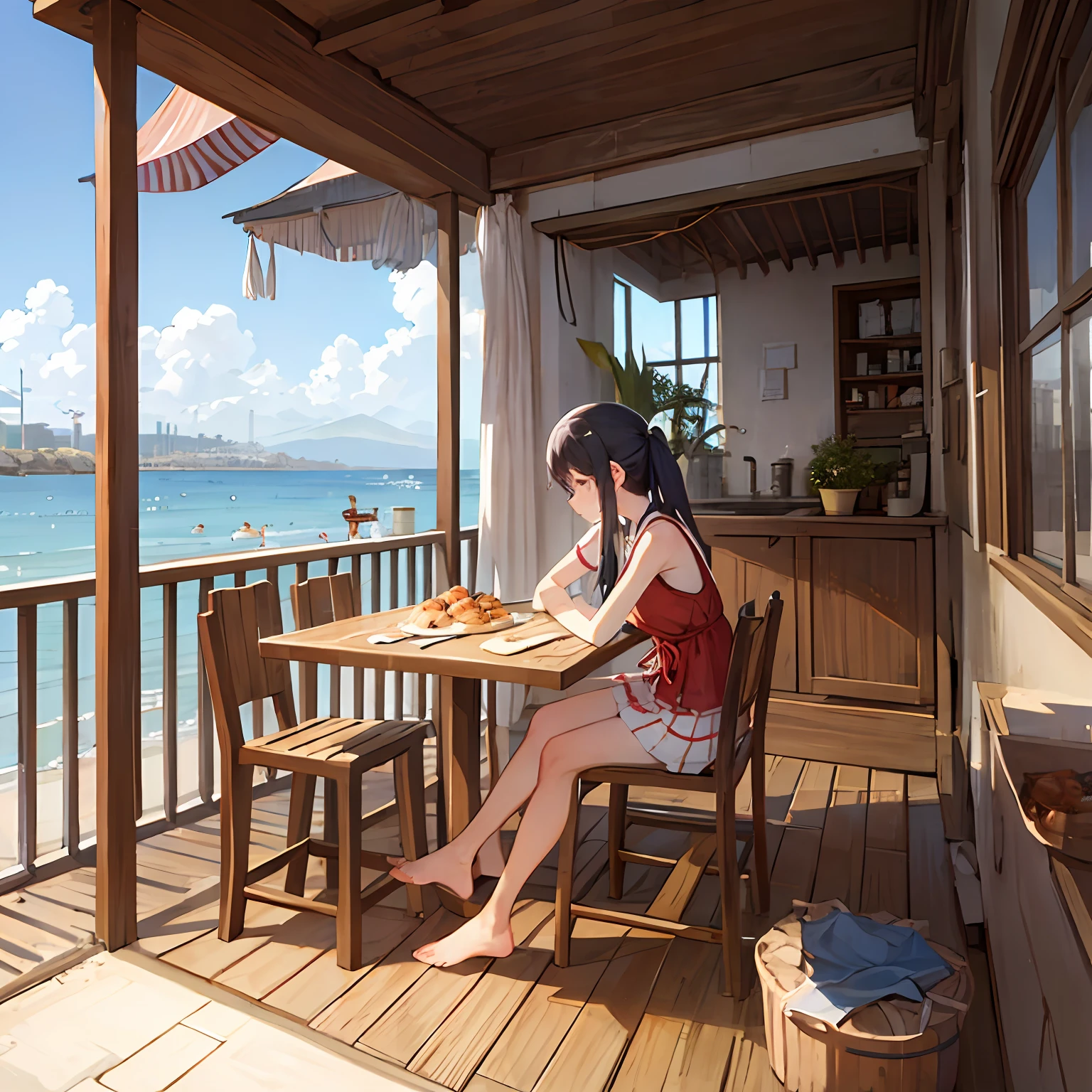 People grilling scallops and shrimp on the beach、balconies --auto