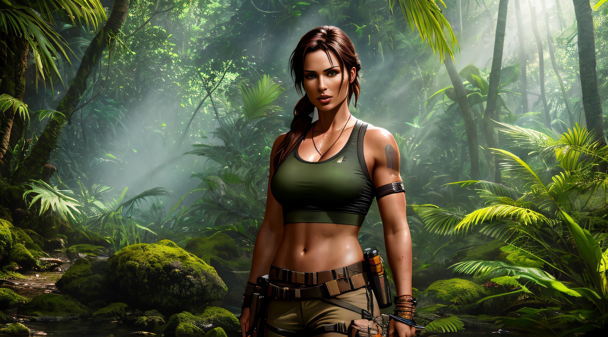 A vibrant cinematic photo of Lara Croft in the jungle, octane render, high quality, sun reflection, realistic.