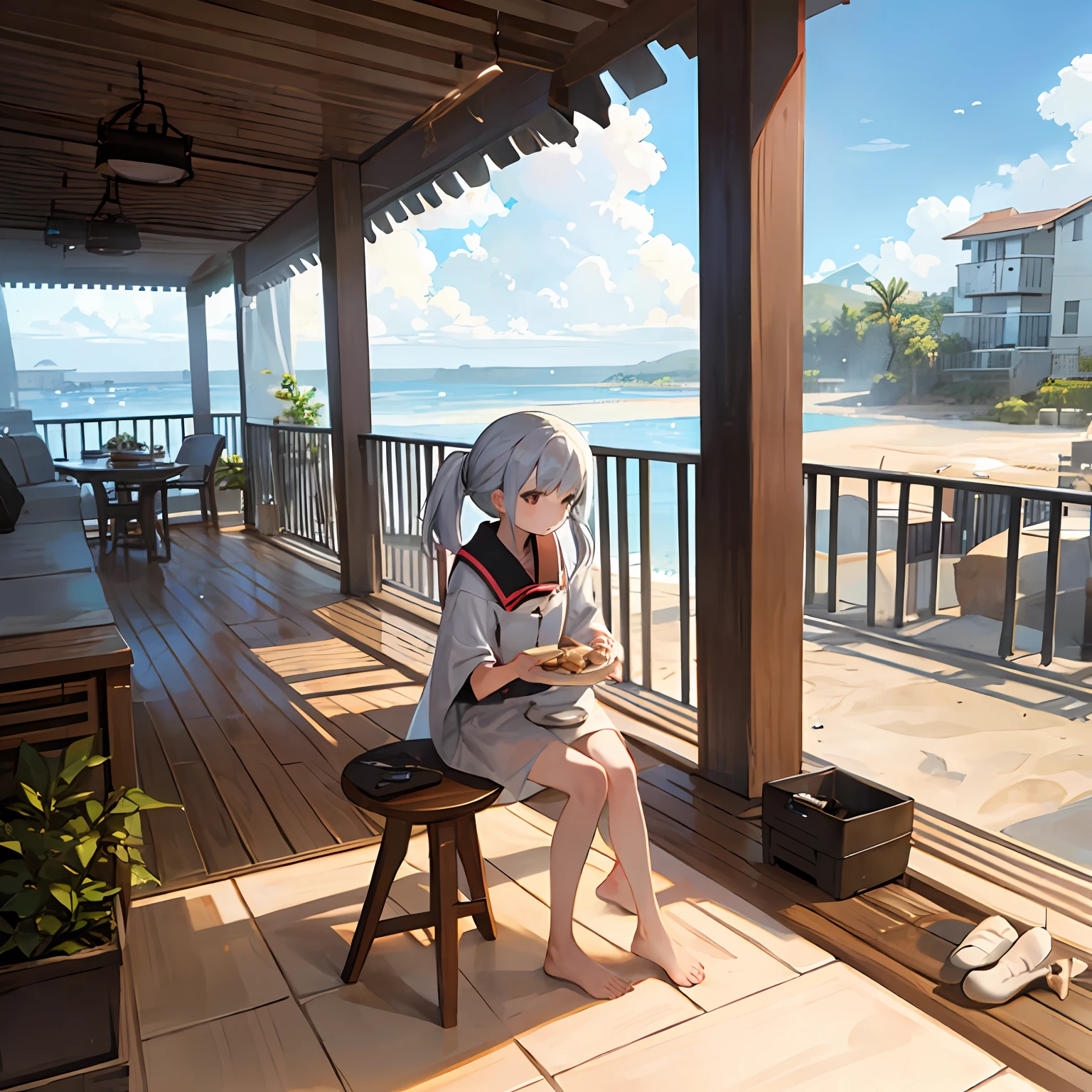 People grilling scallops and shrimp on the beach、balconies --auto