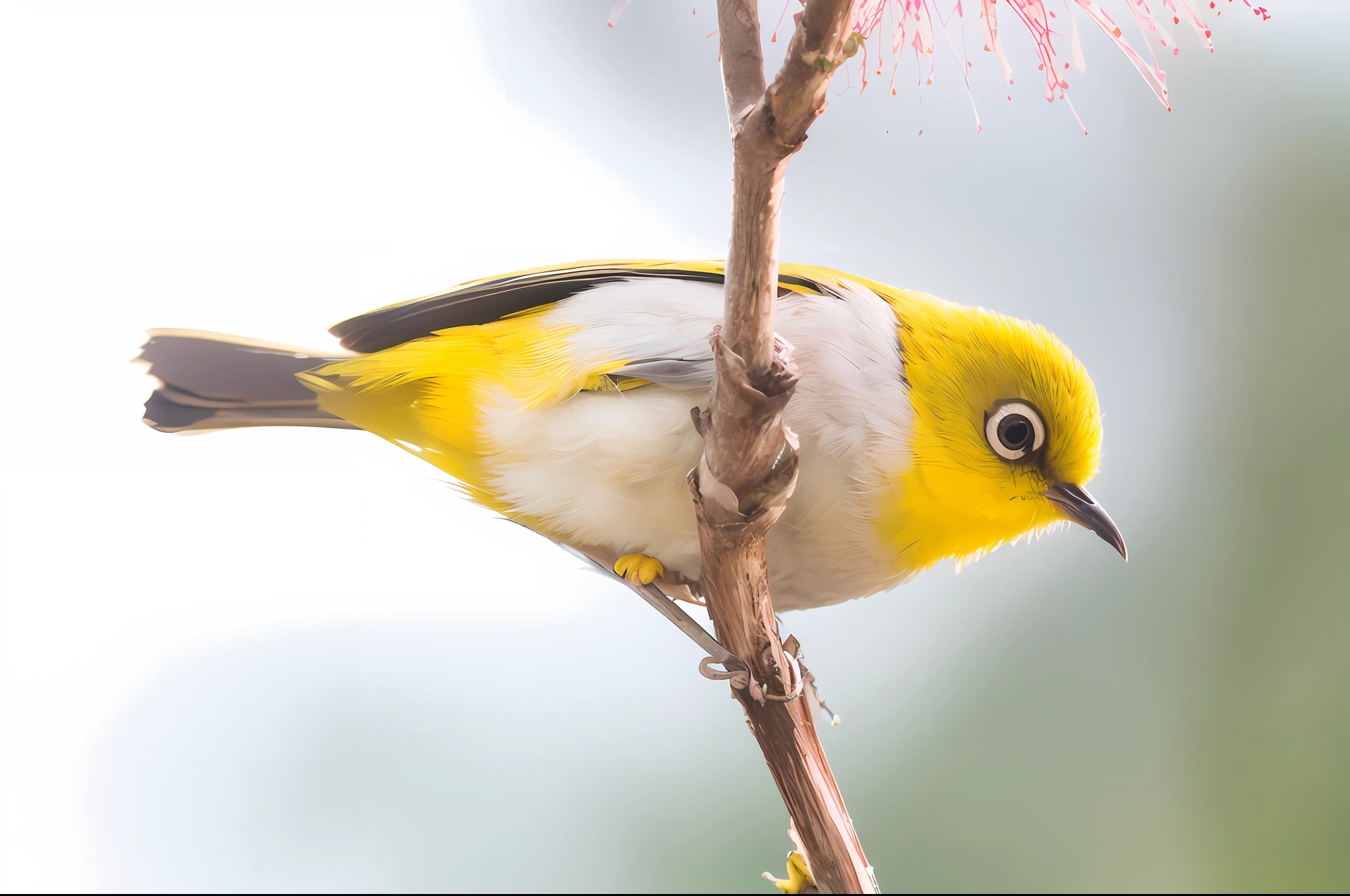 On the branches of the tree inhabits a yellow and white bird, is looking at a bird, Yellow beak, with a yellow beak, colorful bird with a long, close up photograph, Perched on mossy branches, Big yellow eyes, Centralized appearance, close up photograph, Close-up - upward photo, on a branch, yellow cat eyes, 2 0 0 mm focus
