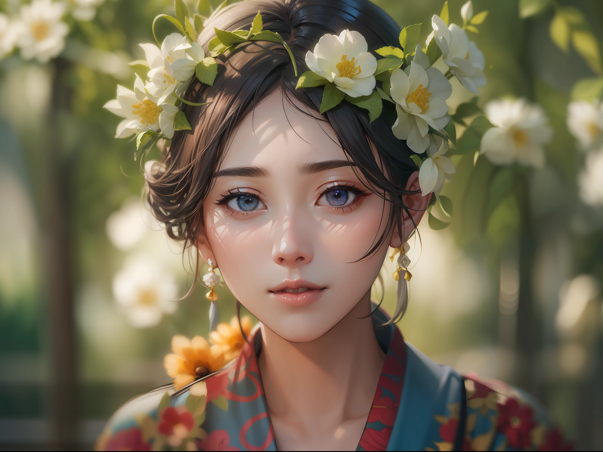 A woman with flowers in her hair poses for a photo, Soft portrait shot 8 K, Detailed face of Chinese girl, 8K highly detailed face, High quality photos,真实感, Shot with the Canon 5 D MK4I, cinematic full shot,tmasterpiece,tmasterpiece,Works of masters