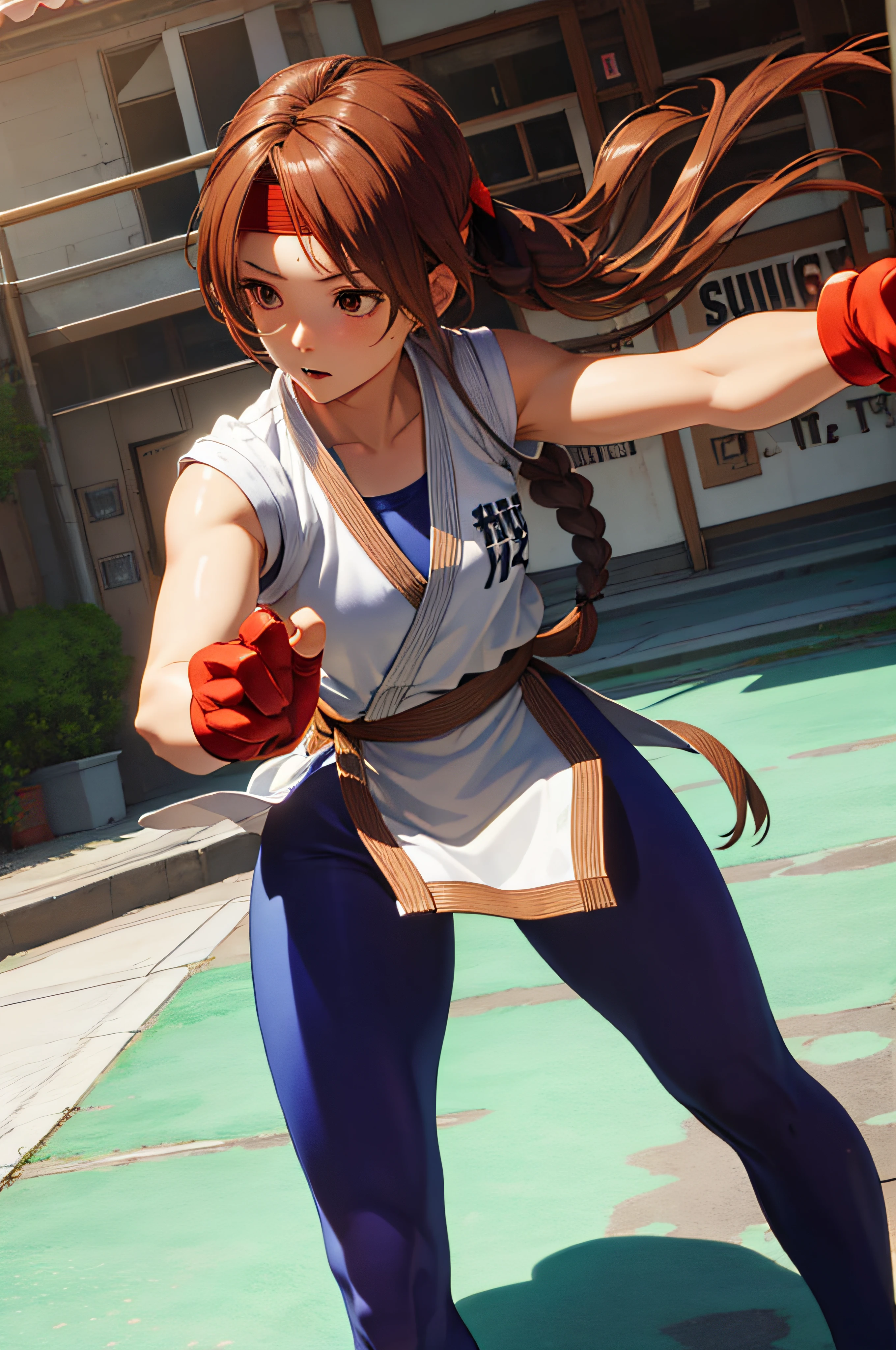 (masterpiece, best quality, high resolution, unity 8k wallpaper, extremely detailed CG:1), (illustration:1.0), 1girl,solo, yurims, headband, dougi, spandex, gloves,