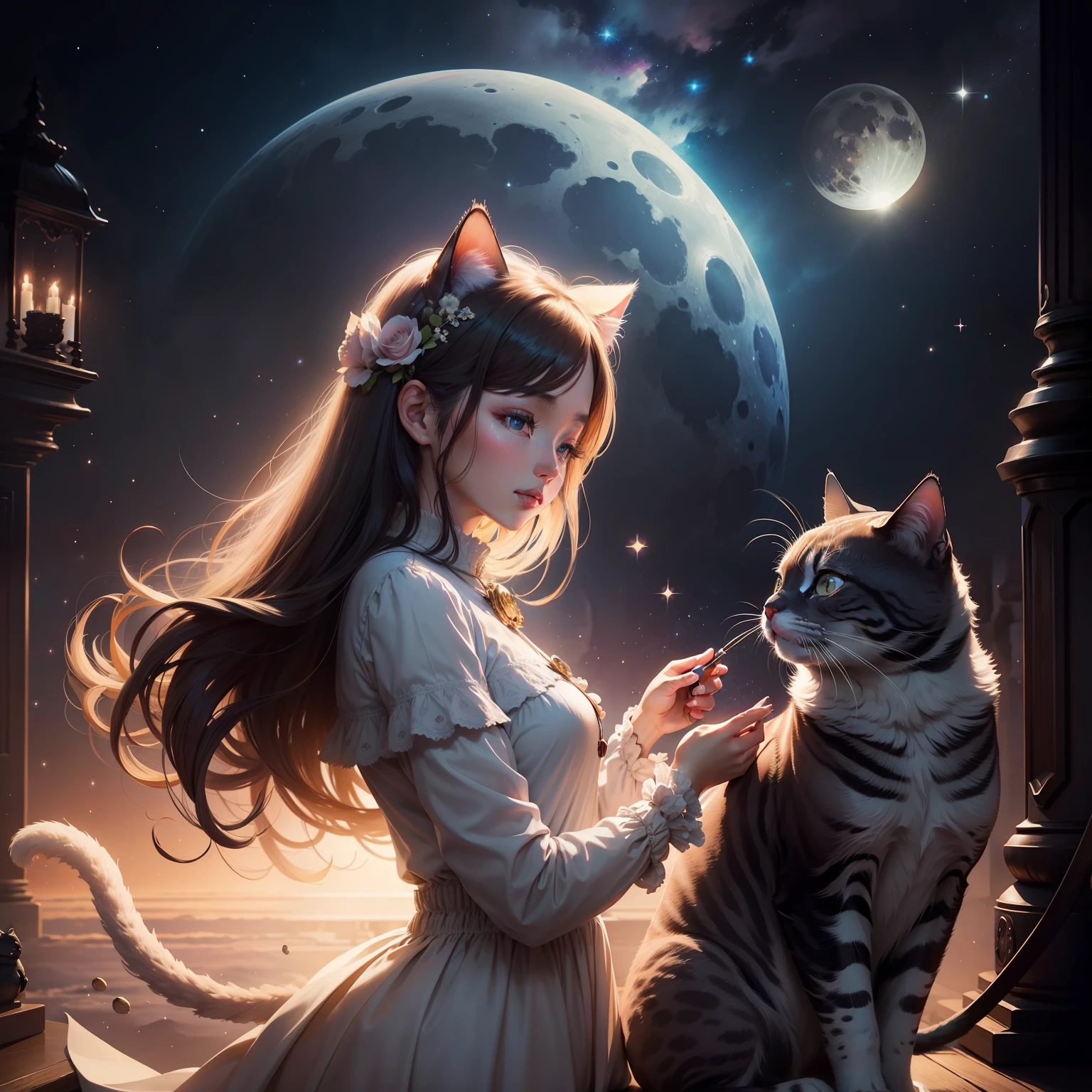 milkyway、a moon、Magnificent universe、Delicate digital art、Fantastic Cat、Lovely Beauty