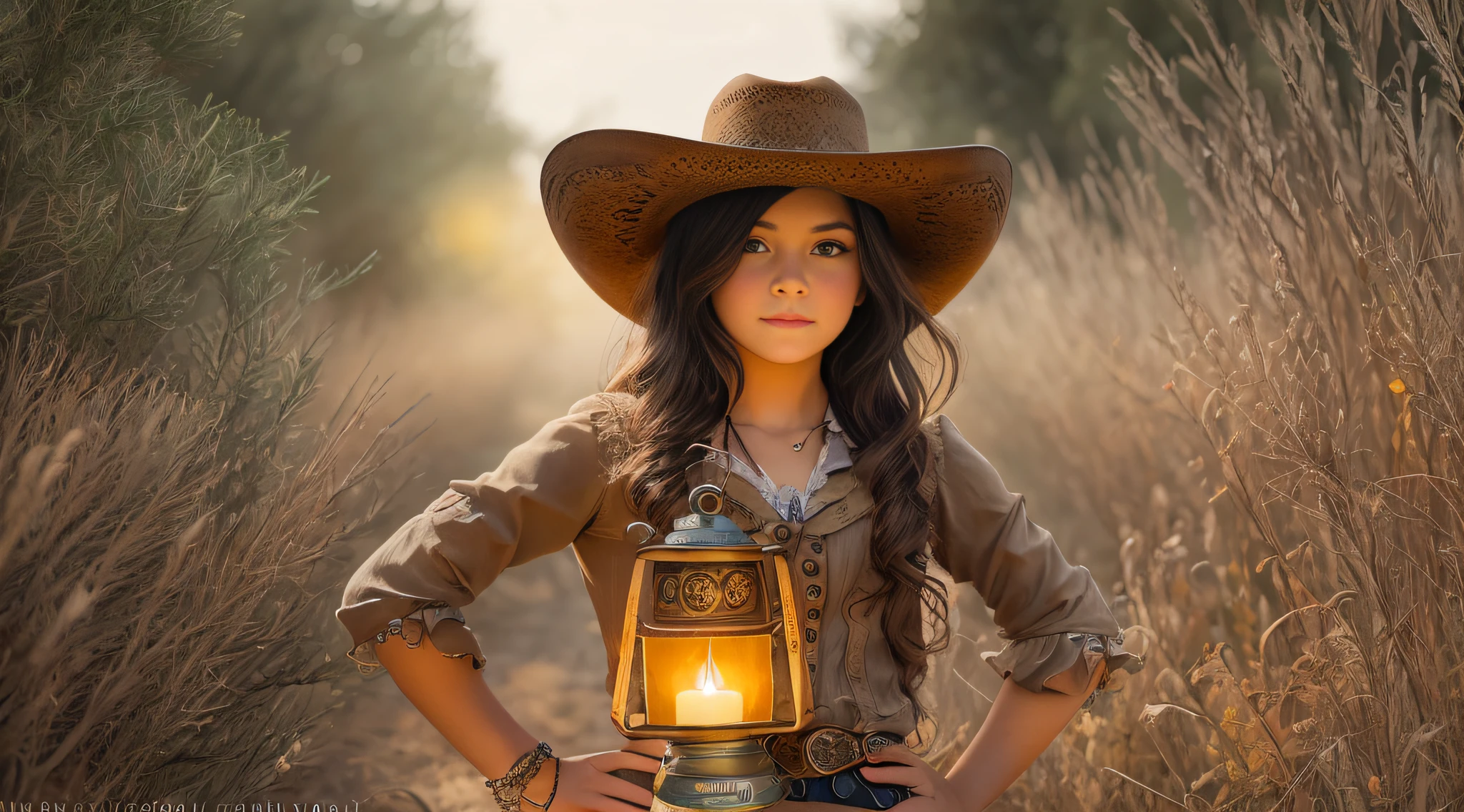arafed girl in a cowboy hat holding a lantern, holding a lantern, cowgirl, girl under lantern, western cowgirl, dressed as a western sheriff, cow-girl, beautiful cowboy witch, young girl in steampunk clothes, female cowgirl, girl, by Linda Sutton, , lighting, photo of the girl, wearing a cowboy hat, next gen, portrait rugged girl