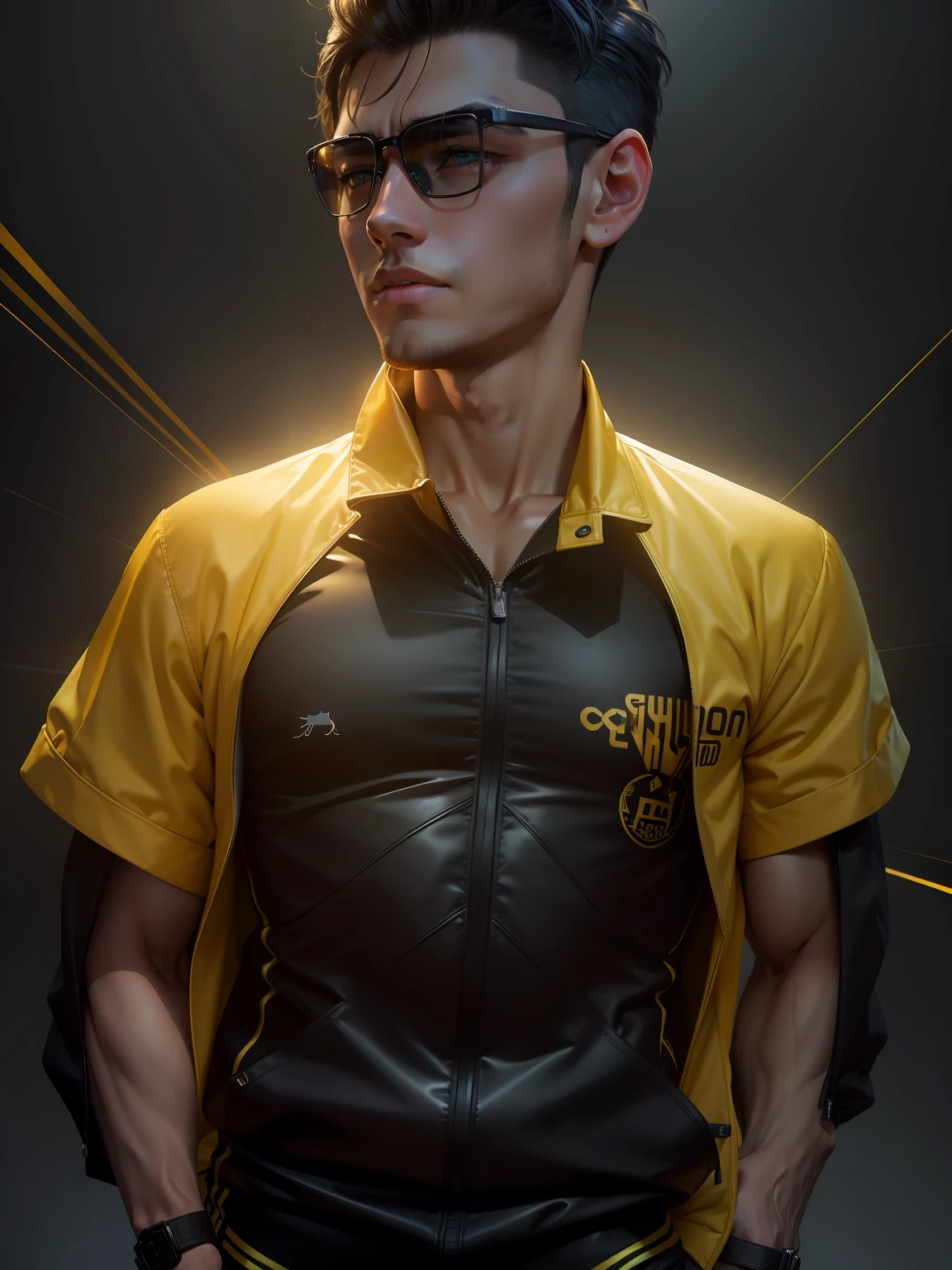 A handsome boy wear yellow jacket with black cat , cool lighting and colours in background, hyper realistic 8k resolution