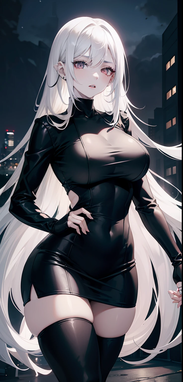 woman, pale skin, dark eyes, ear, eyebrow, lips, teeth showing, long straight white hair, short black tight dress, thin waist, thick legs, thick thighs, background scenery, ultra detailed street, night light, at night, night Day