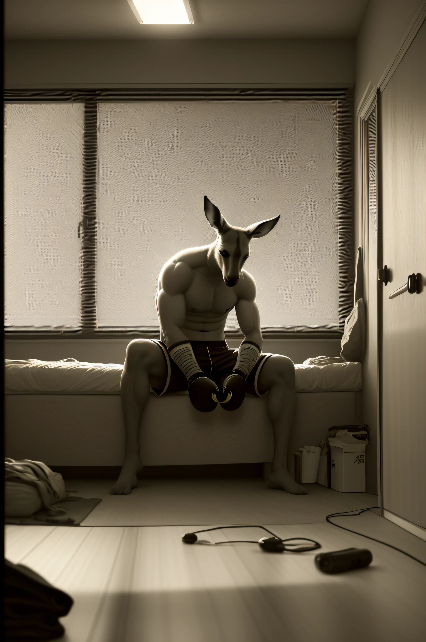 A kangaroo,boxing gloves,Boxing shorts,The barefoot,sitted, inside in room, natta,Interior lighting,lightand shade contrast,Cinematic lighting effects, full bodyesbian,in a panoramic view,first person perspective,Shot at a 45-degree angle, Cigarette butts, tmasterpiece, hyper HD, Best picture quality, A high resolution,16k, hyper-high detail, Realisticstyle,