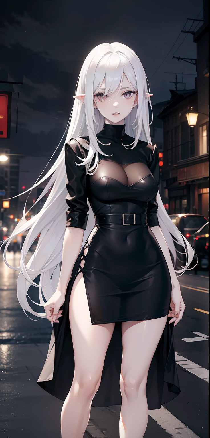 woman, pale skin, dark eyes, ear, eyebrow, lips, teeth showing, long straight white hair, short black tight dress, thin waist, thick legs, thick thighs, background scenery, ultra detailed street, night light, at night, night Day