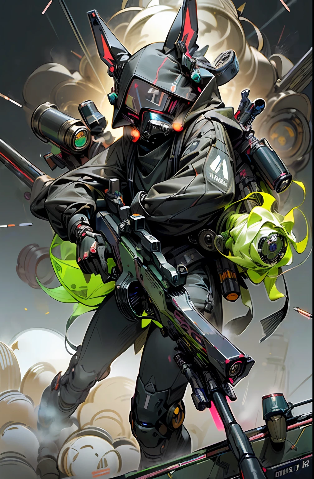 (muzzle:1.5)、(fumo:1.2)、full Helmet、(gas masks:1.3)、(Explosive effect:1.8)、(Neon Paint:1.4)、(Attack:1.2)、(1 sniper rifle:1.5)、(Wearing a hood:1.2)、(Falling cartridge case:1.5)、colourfull、cyberpunked、(独奏:1.5)、Mechanical Marvel、droid、(((masterpiece、top-quality、Beautiful、ultra-detailliert)))