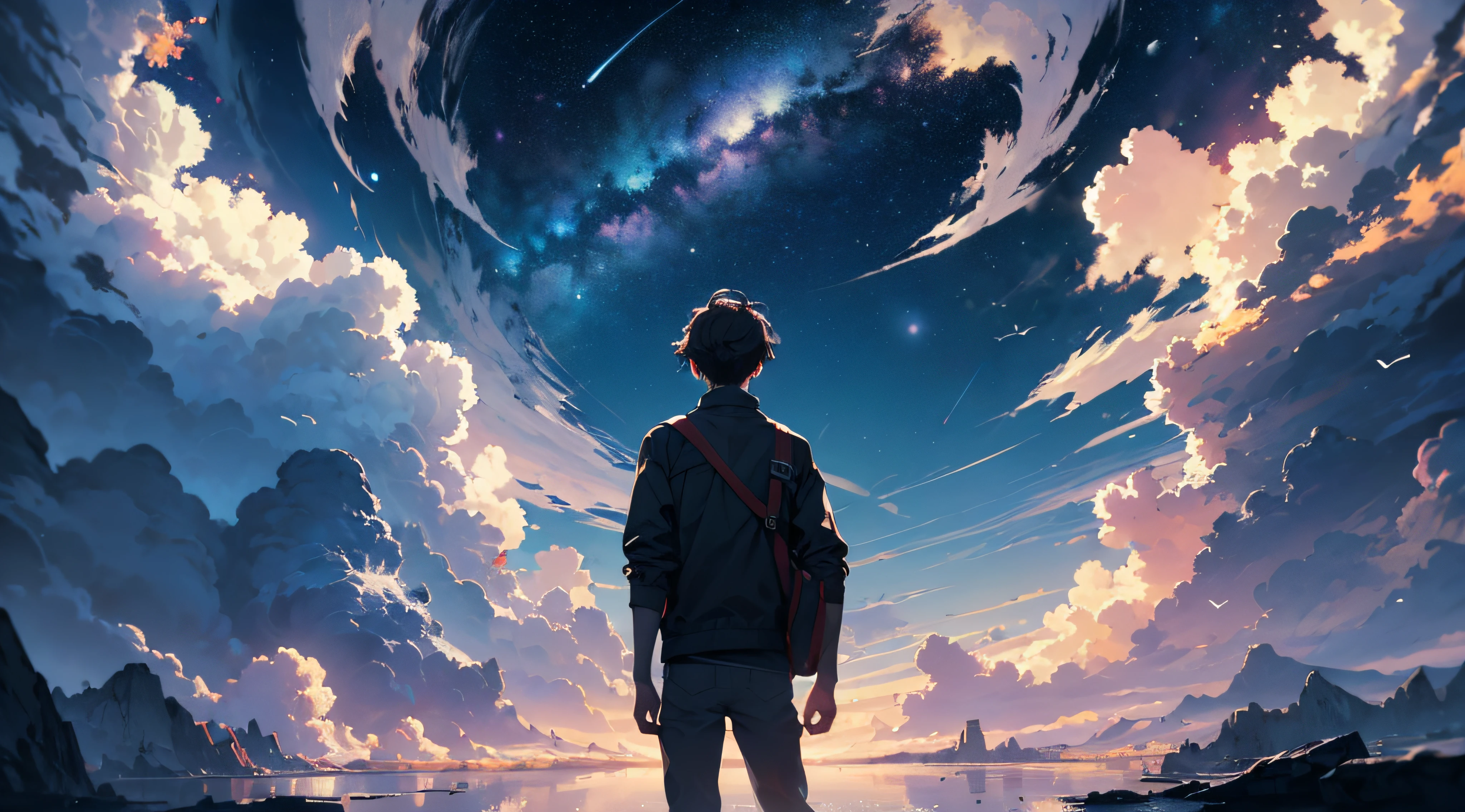 Ridiculous resolution, A high resolution, (masterpiece:1.4), ultra - detailed, 1boy, looking from above, the space, afloat, ,depth of fields,maximum definition and sharpness,perfectly proportions,Fluttering clouds,Wallpapers,8k,dream magical, --v 6