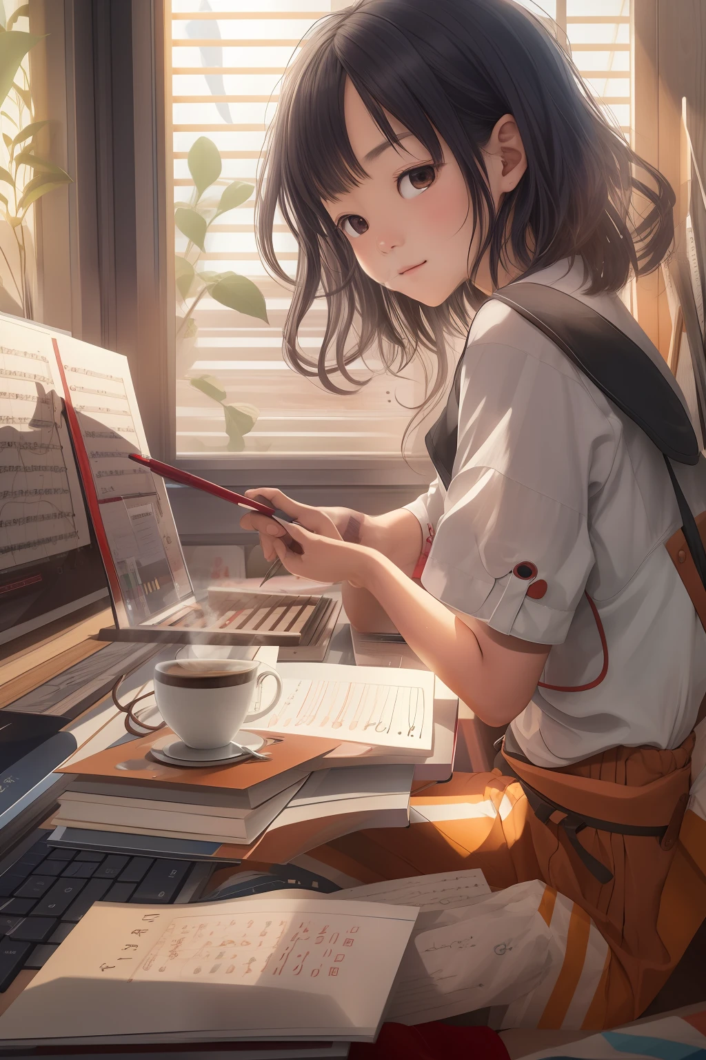 hana, Passionate 16 year old Japan girl with short black hair highlighted by fiery red stripes, Engaged in the creative process of songwriting at home. She sits at a desk, Focused, Holding a notepad full of lyrics in front of her. Dressed in your favorite casual attire, An invisible beat rhythm pulsates through the fingers、She writes down her thoughts in words. Even the strength of her eyes、It seems to sing an unsung melody. Steaming coffee is placed beside her, Fill the air with a rich aroma. This is Hana, When making a poem for her soul、Always in her elements, Write lyrics that immediately touch many hearts.