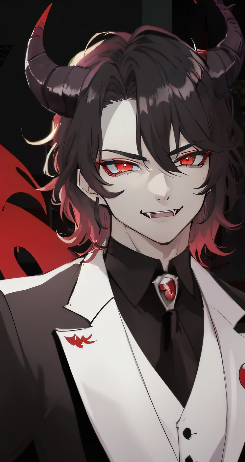 Male, Young, Smirk, Crimson Eyes, Snake Pupils, Snake Eyes, Light Grey Skin, Vampire Fangs