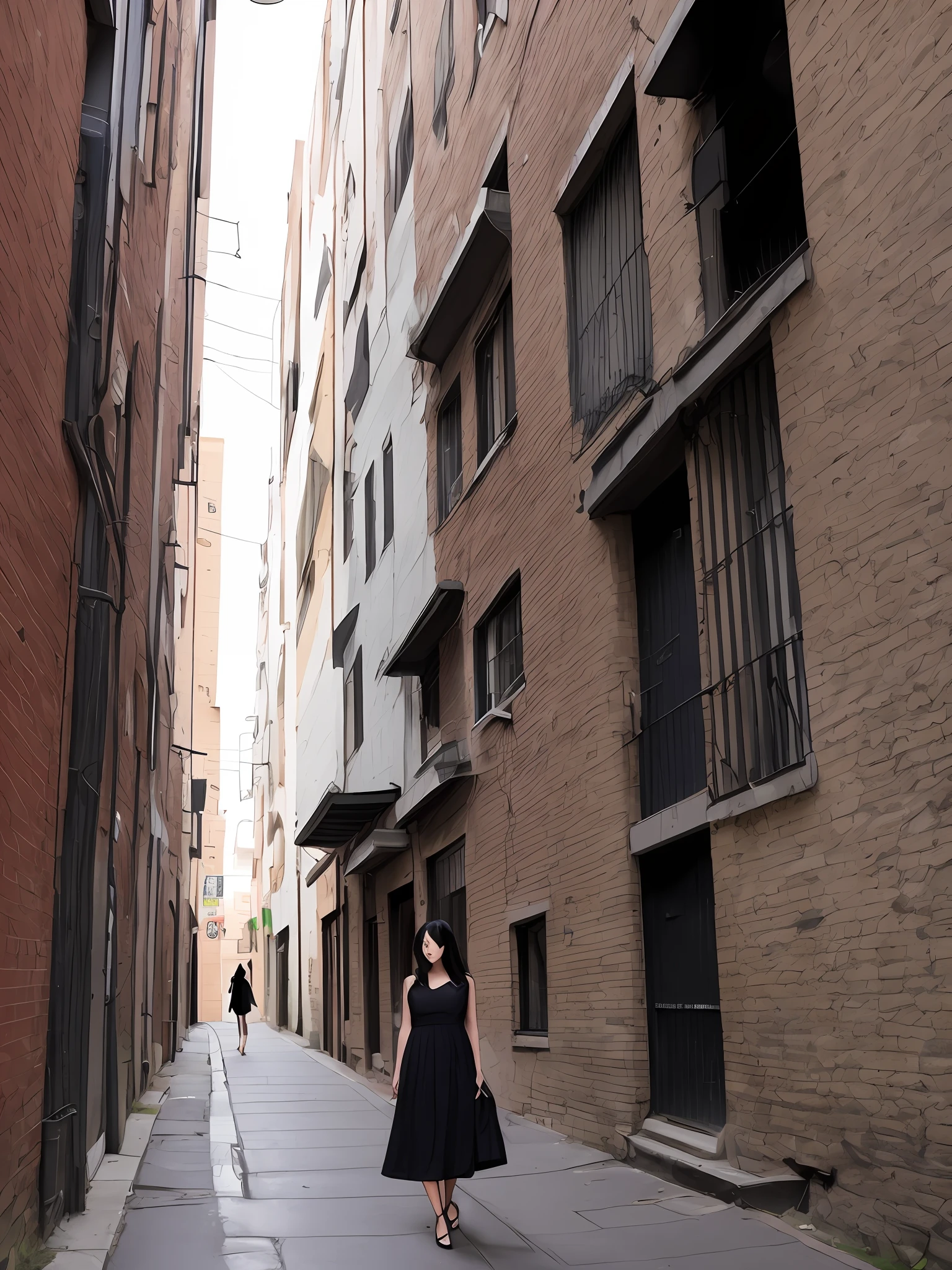 Black haired tall women in a night dress in a alley way