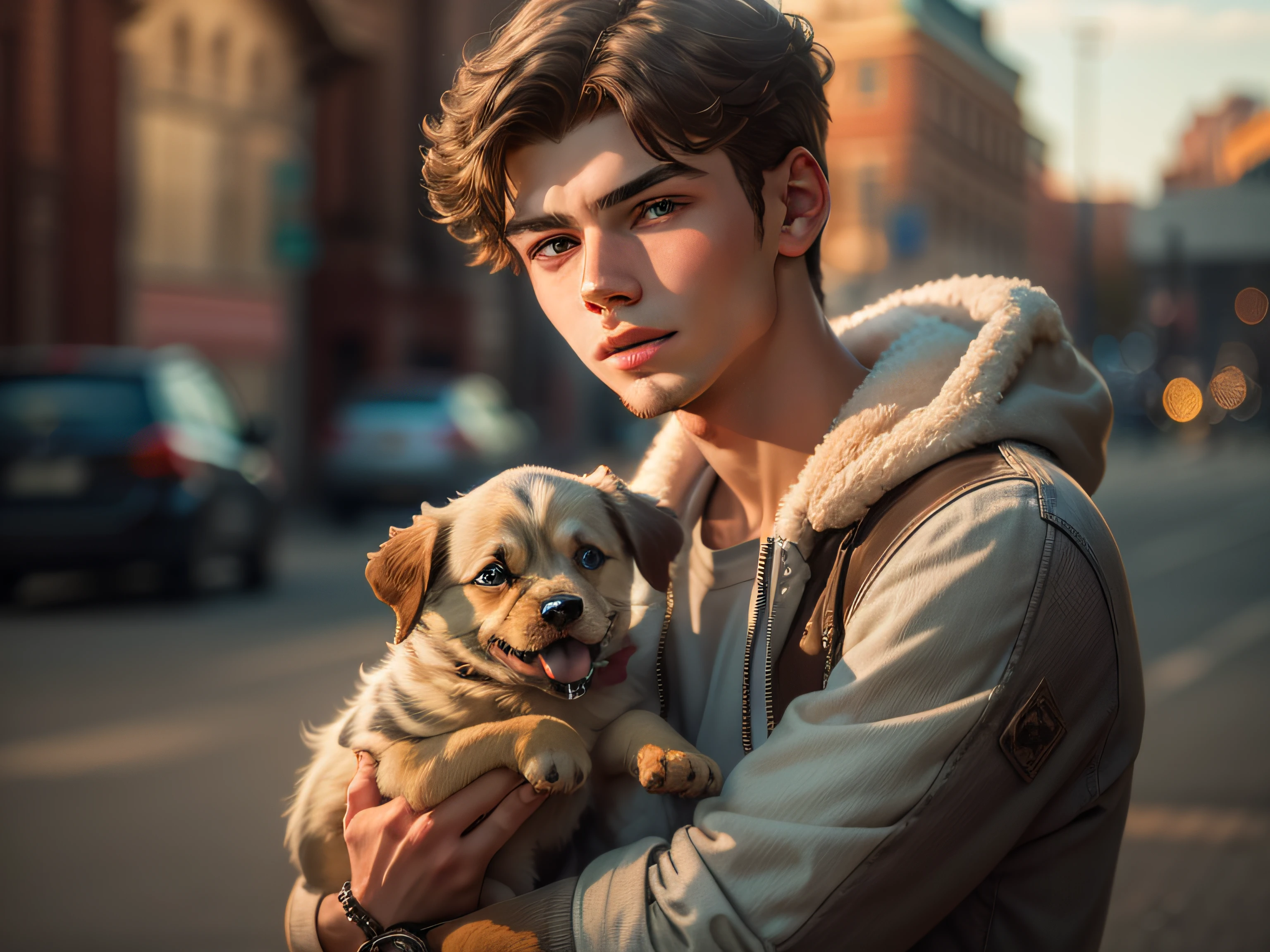 handsome Russian young man holding a small puppy, daytime, joy, cinematic lighting, realistic image, 1080p