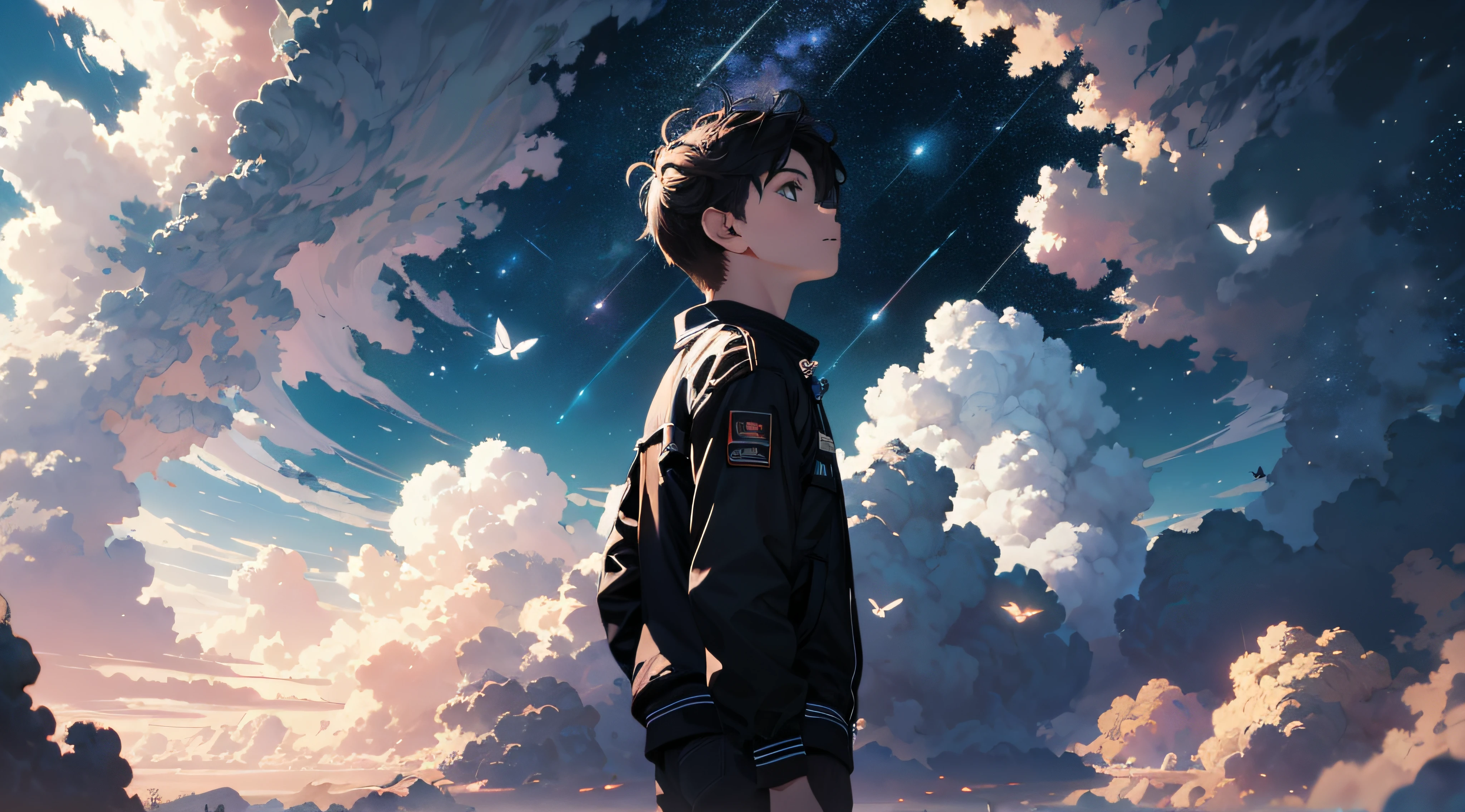 Ridiculous resolution, A high resolution, (Masterpiece:1.4), ultra - detailed, 1boy, looking from above, the space, afloat, ,depth of fields,maximum definition and sharpness,perfectly proportions,Fluttering clouds,Wallpapers,8K,dream magical, --v 6
