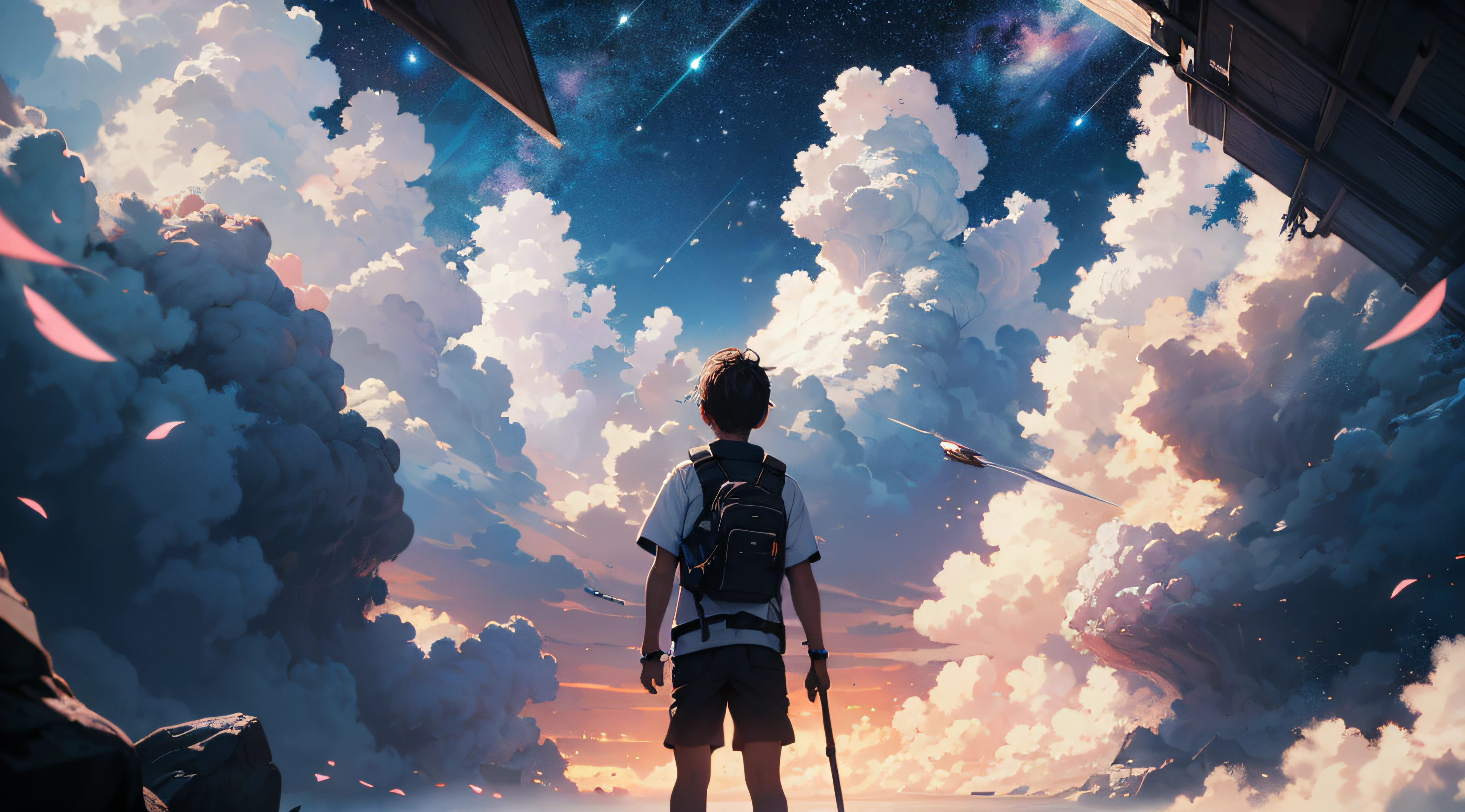 Ridiculous resolution, A high resolution, (Masterpiece:1.4), ultra - detailed, 1boy, looking from above, the space, afloat, ,depth of fields,maximum definition and sharpness,perfectly proportions,Fluttering clouds,Wallpapers,8K,dream magical, --v 6