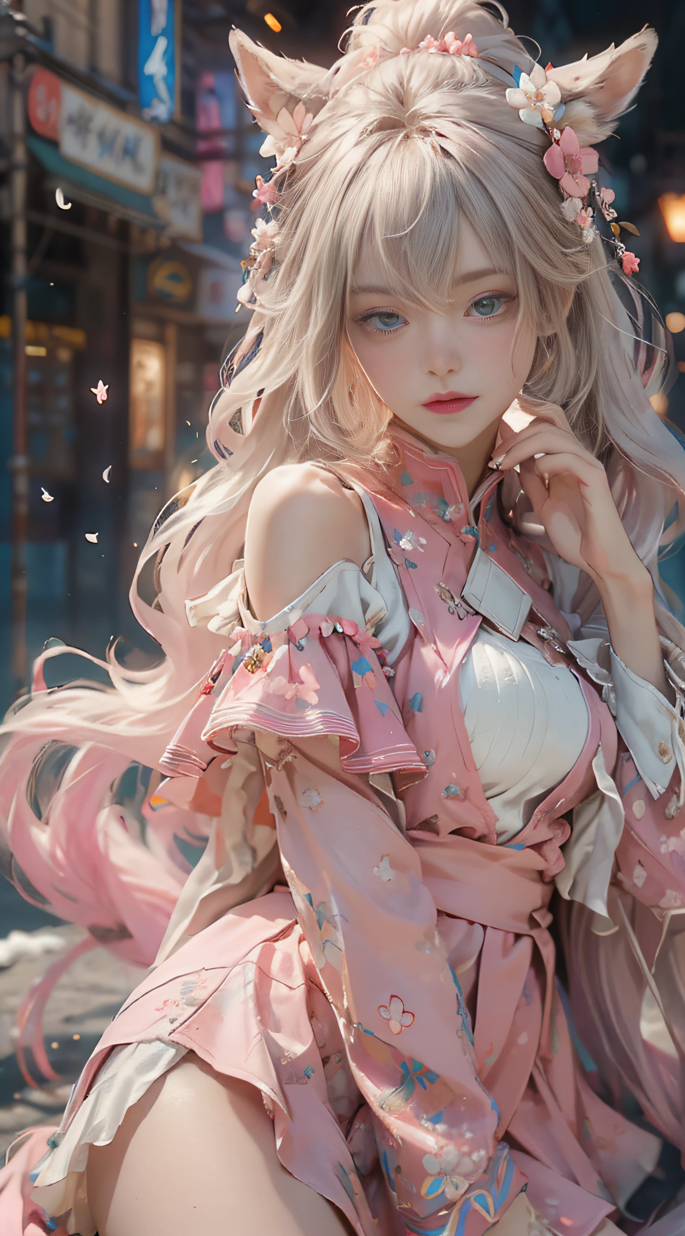 ((best qualtiy)), ((tmasterpiece)), (detail:1.4), Beautiful cyberpunk female images,hdr(HighDynamicRange),Ray traching,NVIDIA RTX,Hyper-Resolution,illusory 5,sub surface scattering,PBR textures,post-proces,Anisotropy Filtering,depth of fields,maximum definition and sharpness,Many-Layer Textures,Albedo e mapas Speculares,Surface coloring,Mitsu-Accurate simulation of material interactions,perfectly proportioned,rendering by octane,Two-colored light,largeaperture,Low ISO,White balance,Rule three points、8K raw data、Beautiful bright blue pupils,off-the-shoulder clothes,Fine pupils,Delicate face and eyes,long eyelasher,Blushlush,Delicate and fluffy hair,pink lip,Pure,Cute face,Sweet girl,Artistic sense,Casual wear,Advancedsense,butterflys,Cherry blossom petal,Beautiful hair accessories,Long hair and waist,Hair fluttering in the wind,Snow-white fox ears,curlies,Snow-white fluffy tail