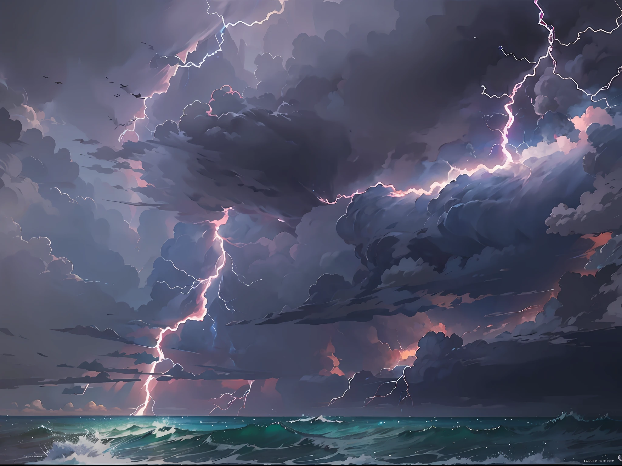 Lightning and thunder on the sea，stormy sea